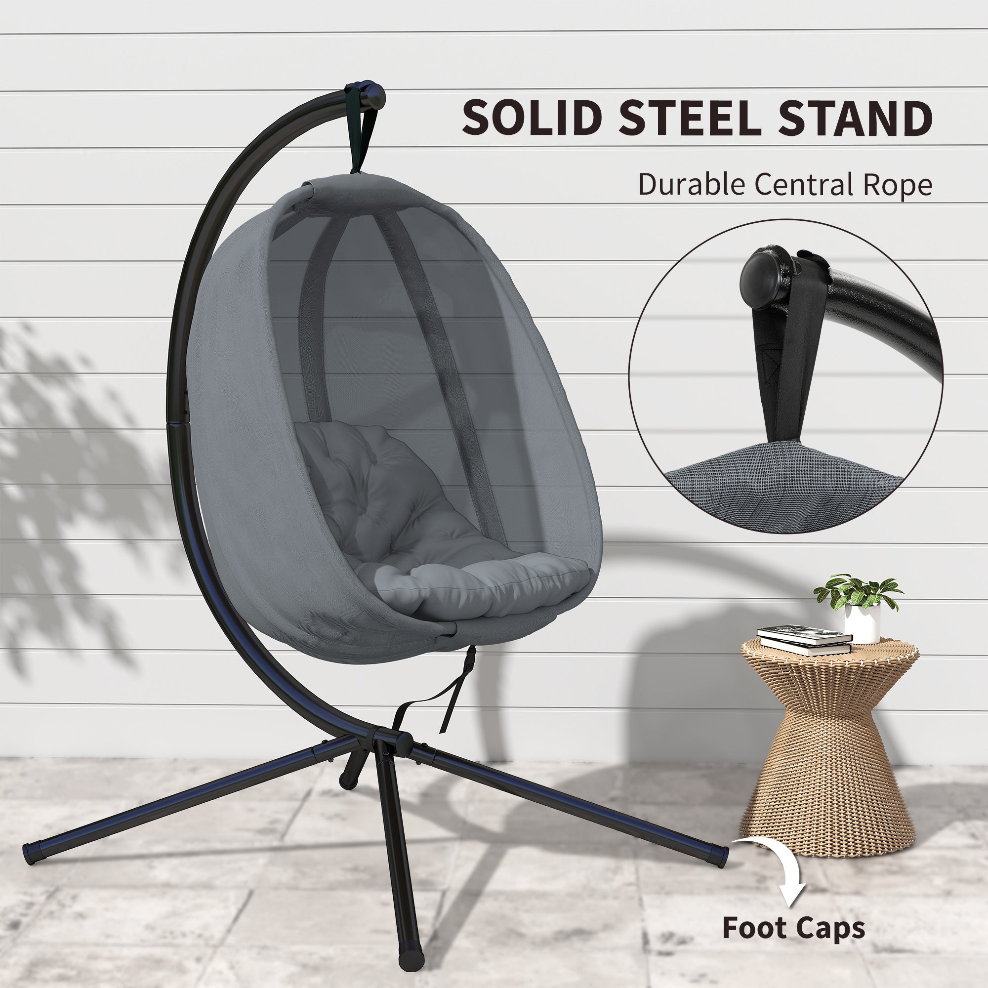 Kozy Hanging Egg Chair, Folding Texteline Swing Hammock with Side Pocket, Cushion and Stand for Indoor Outdoor, Patio Garden Furniture, Grey