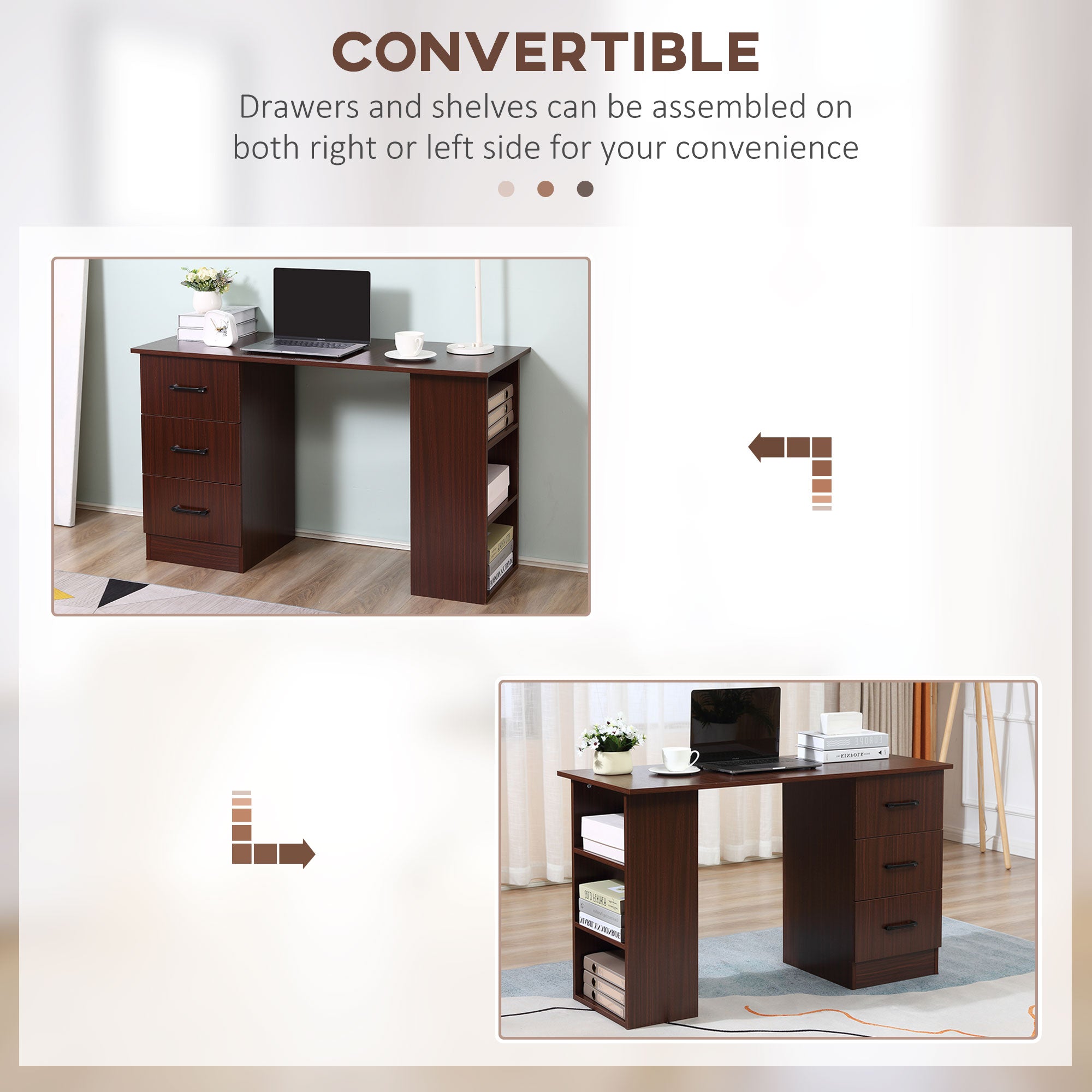 Kozy Computer Desk, Writing Table, PC Workstation with 3 Storage Shelves and Drawers, Black Handle, for Home Office, Black