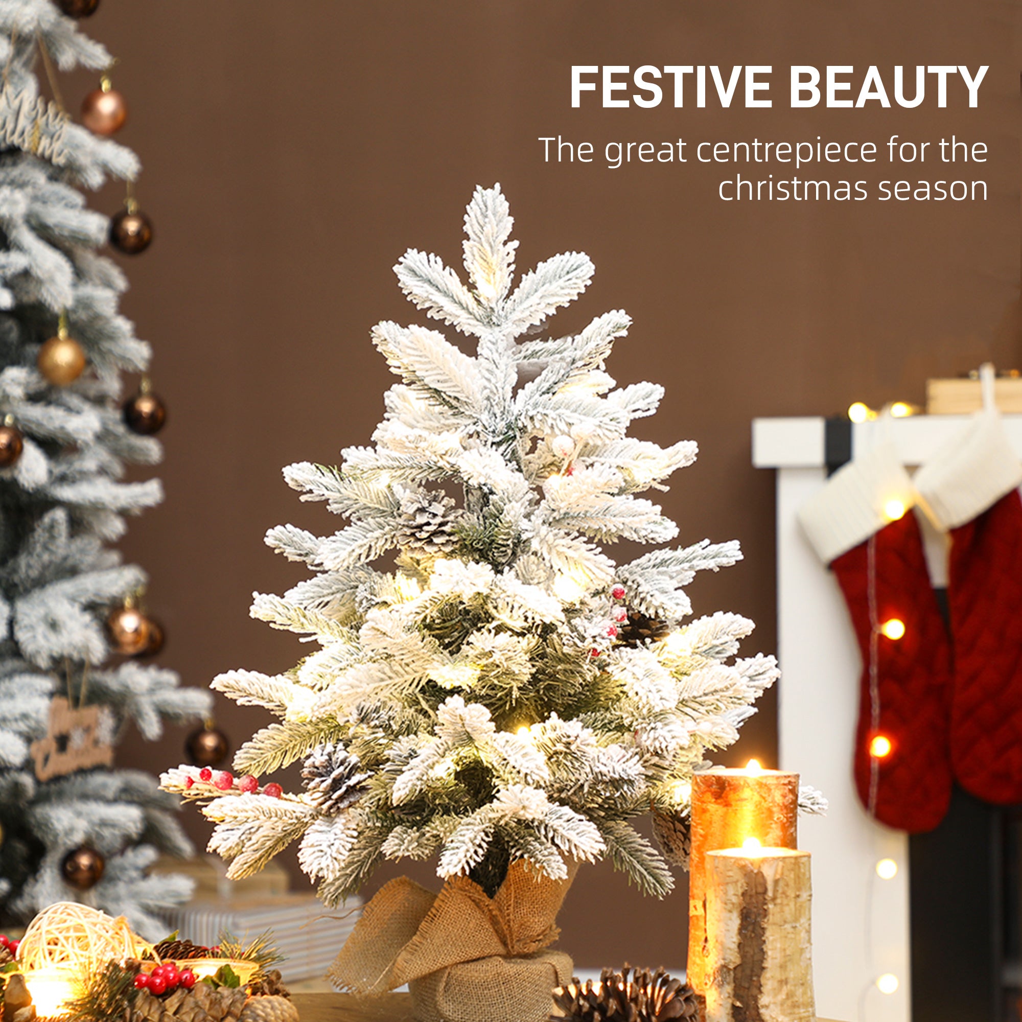 Kozy 60 cm Prelit Small Christmas Tree with 35 LED Lights, Snow Flocked Tabletop Mini Xmas Tree with Pine Cones, Berry Clusters and Linen Cover Base, Battery Operated, Green