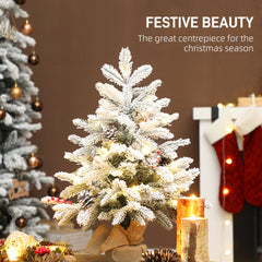 Kozy 60 cm Prelit Small Christmas Tree with 35 LED Lights, Snow Flocked Tabletop Mini Xmas Tree with Pine Cones, Berry Clusters and Linen Cover Base, Battery Operated, Green