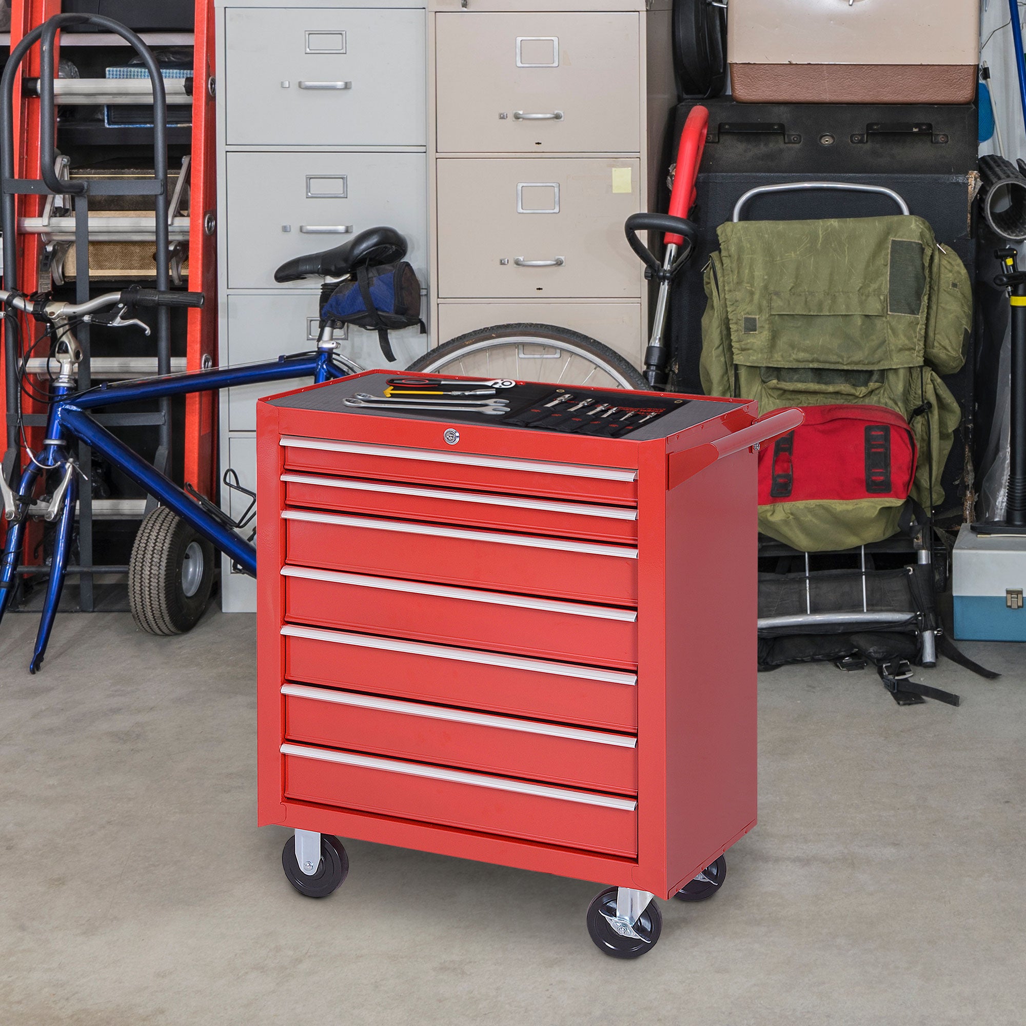 Kozy 7-Drawer Tool Box on Wheels Tool Cabinet 150 Load with Lockable swivel castors, Red