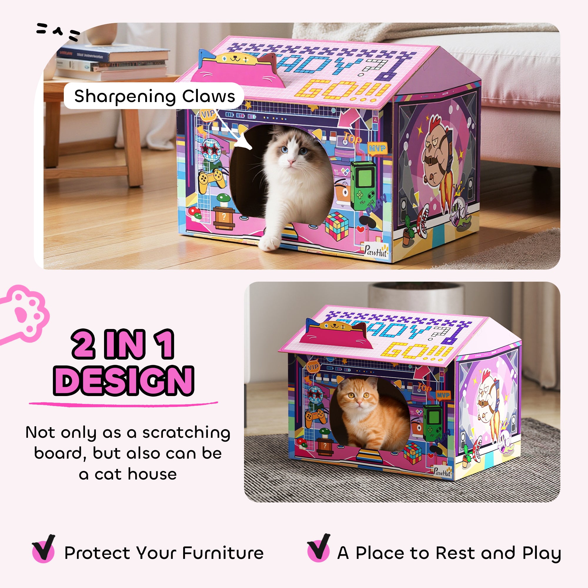 Kozy 2 in 1 Gaming Style Cardboard Cat House with Scratching Board & Catnip for Indoor Cats, Pink