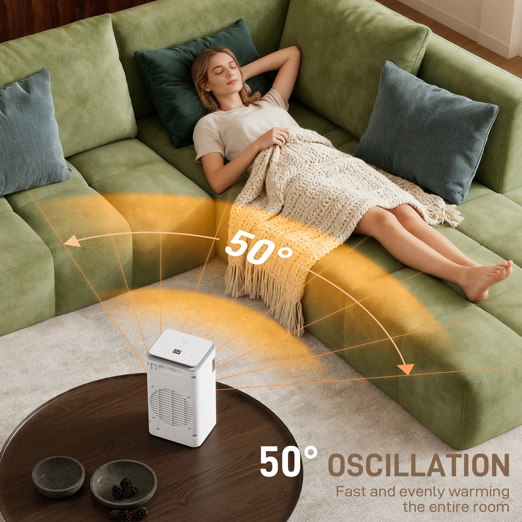 Kozy Ceramic Electric Heater, 1500W Fan Space Heater with 3 Modes, 24H Timer, Flame Effect, Oscillation for Bedroom, White