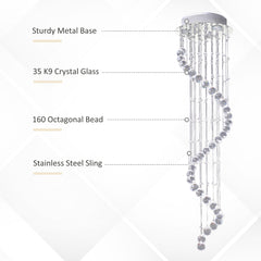 Kozy Modern Crystal Chandelier Ceiling Light Pendant Lamp Chrome Finish Glass Droplets New, Ф30 x 120cm