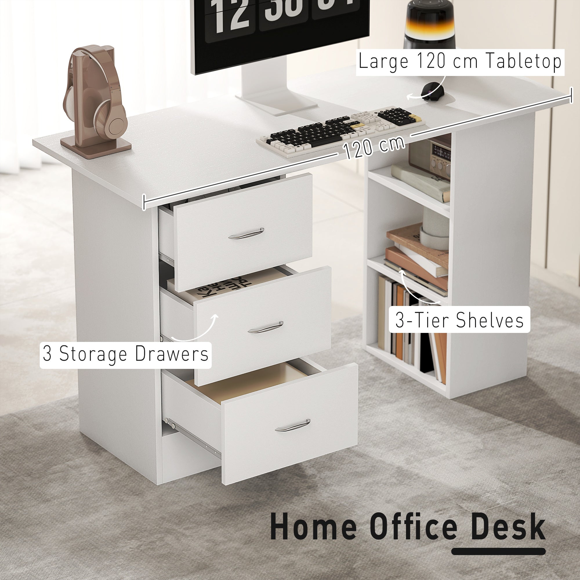 Kozy - Computer Desk, Writing Table, PC Workstation with 3 Storage Shelves and Drawers, Silver Handle, for Home Office, White