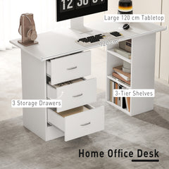 Kozy - Computer Desk, Writing Table, PC Workstation with 3 Storage Shelves and Drawers, Silver Handle, for Home Office, White