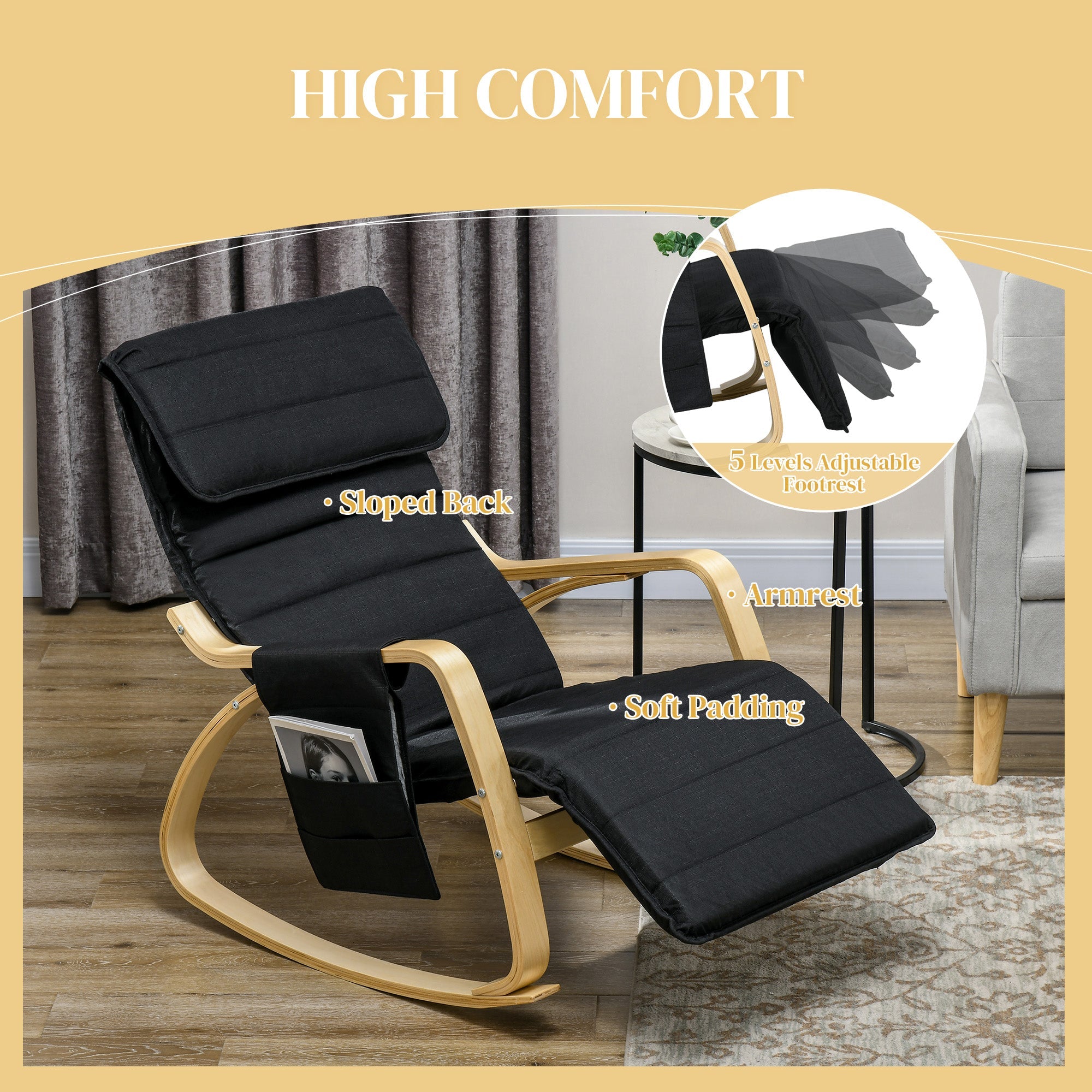 HOMCOM Rocking Lounge Chair Recliner Relaxation Lounging Relaxing Seat with Adjustable Footrest, Side Pocket and Pillow, Black