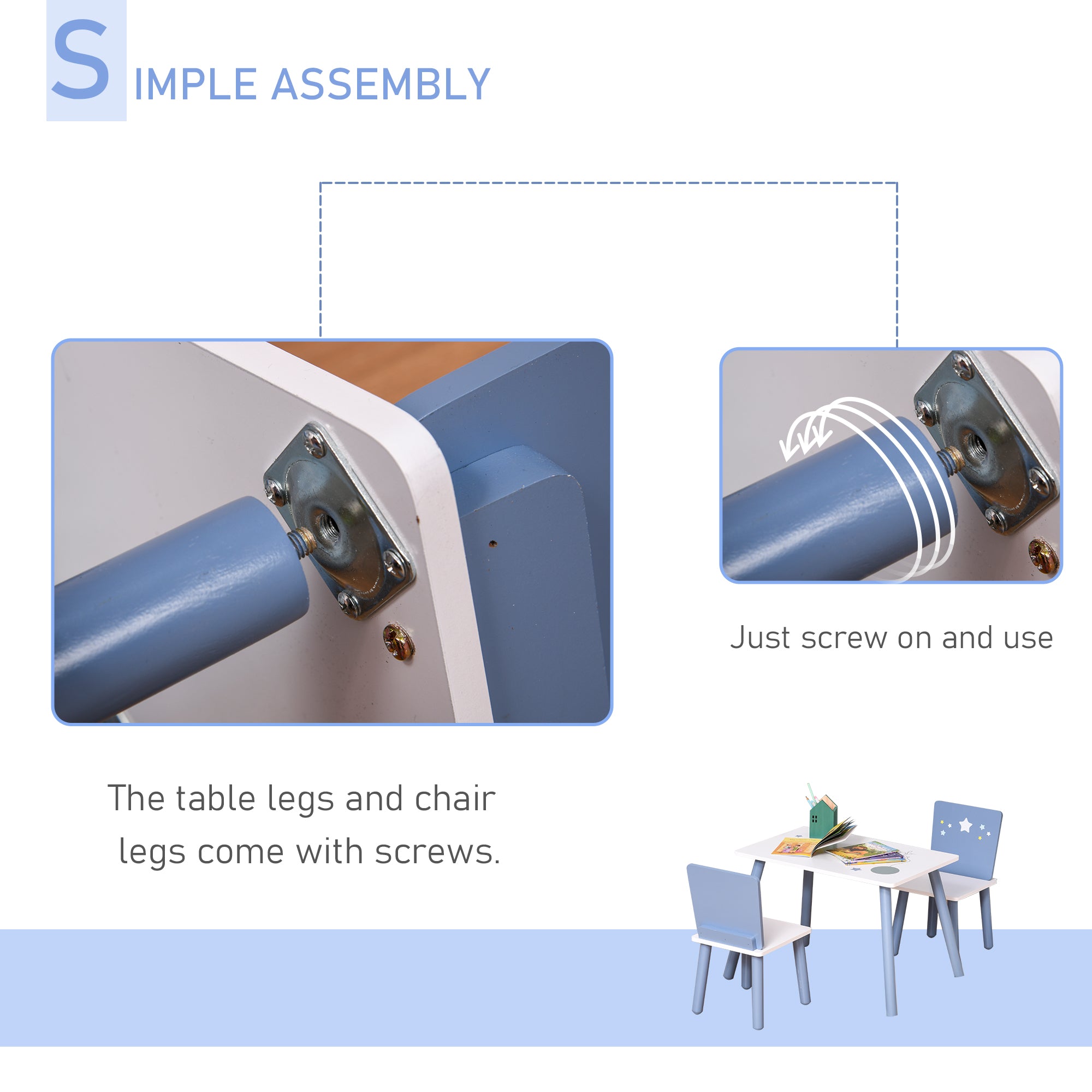 Kozy 3 Pcs Kids Table & Chairs Set w/ Wood Legs Safe Corners Cute Stars Seating Mini Furniture Home Playroom Bedroom Dining Room Blue