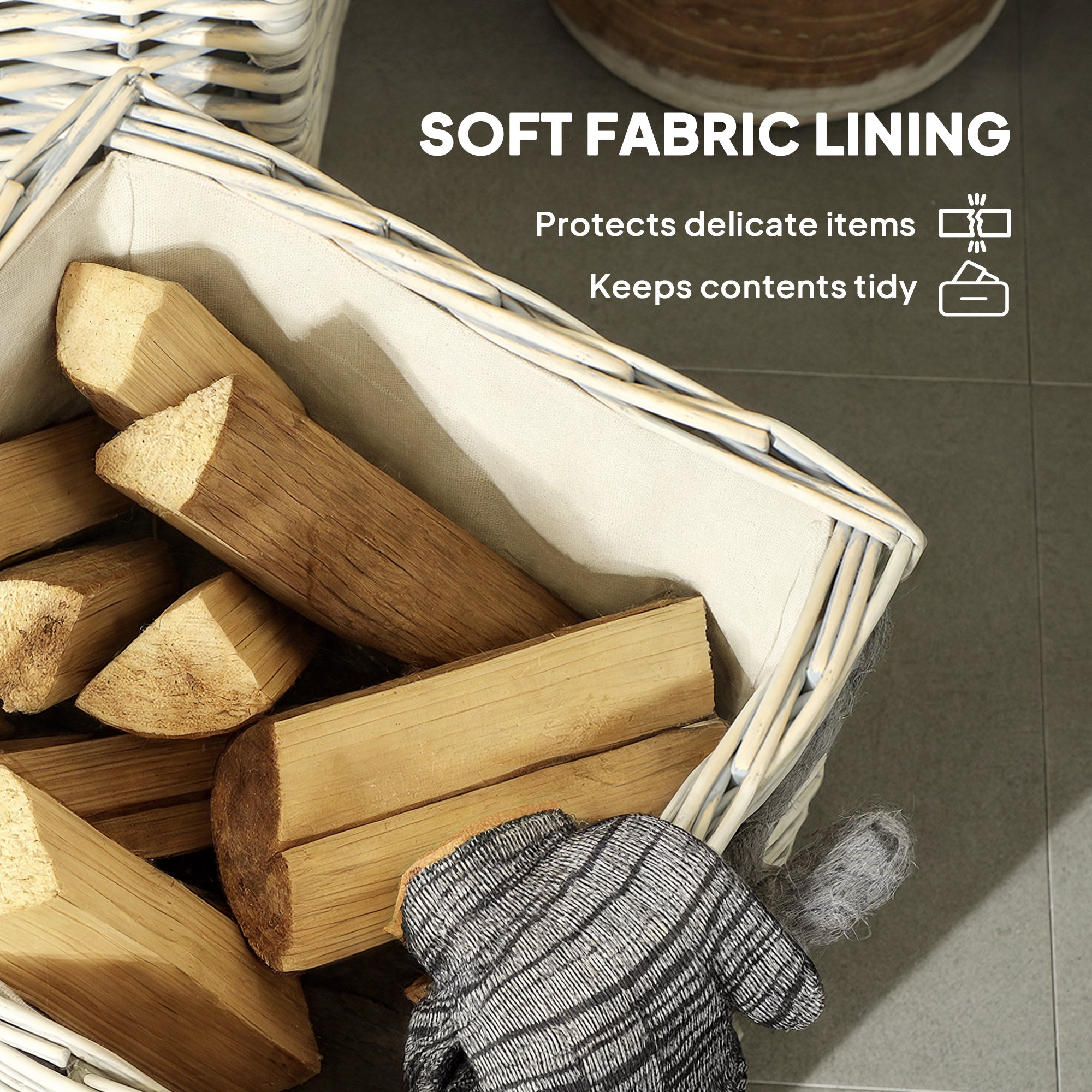 Kozy - Set of 3 Log Baskets for Wood Burner Indoor, Round Storage Basket with Lining and Rope Handles for Fireside Storage, Blankets, Beige