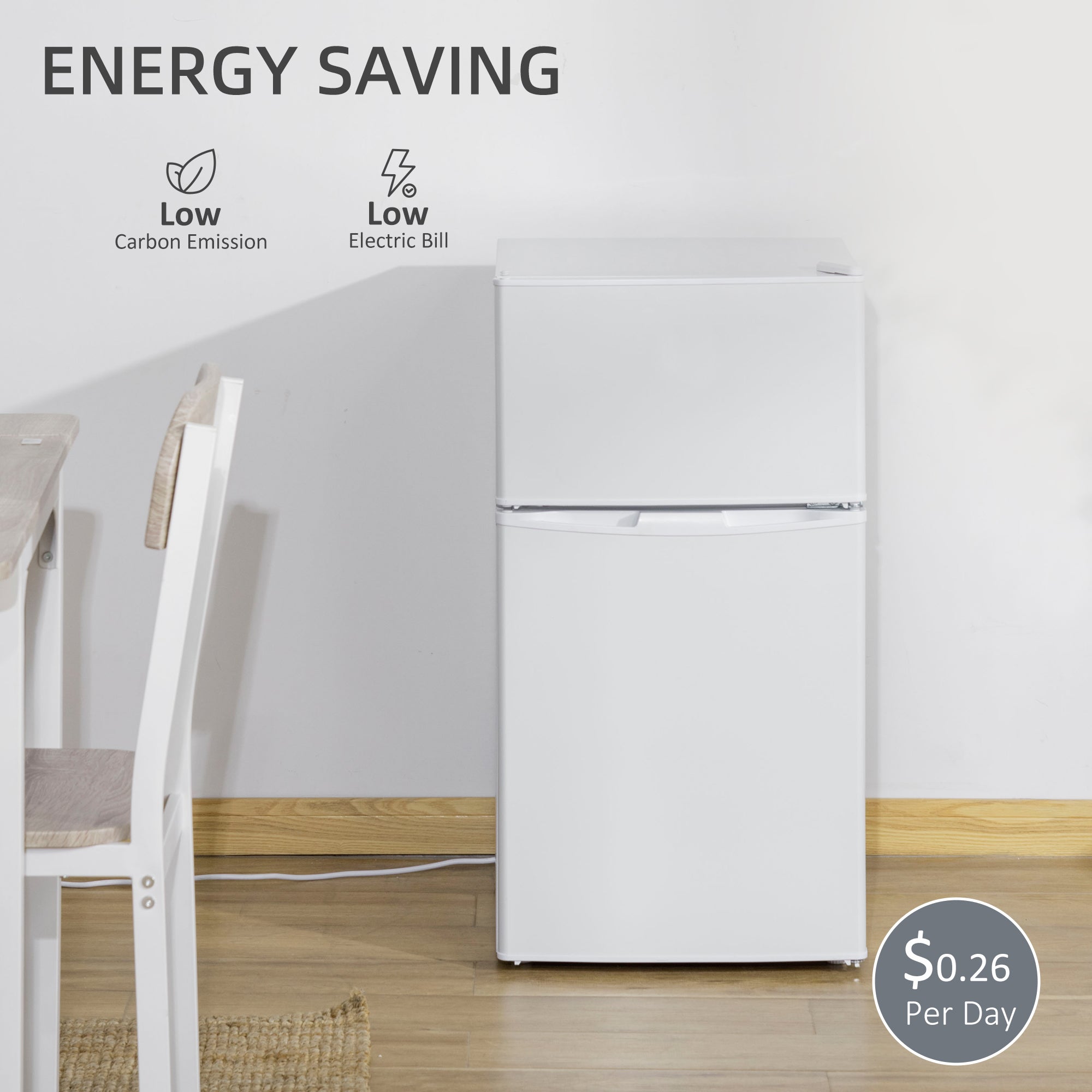 Kozy - 88L Under Counter Fridge Freezer, Small Refrigerator with 5-Setting, 3 Star Freezer Rating, White