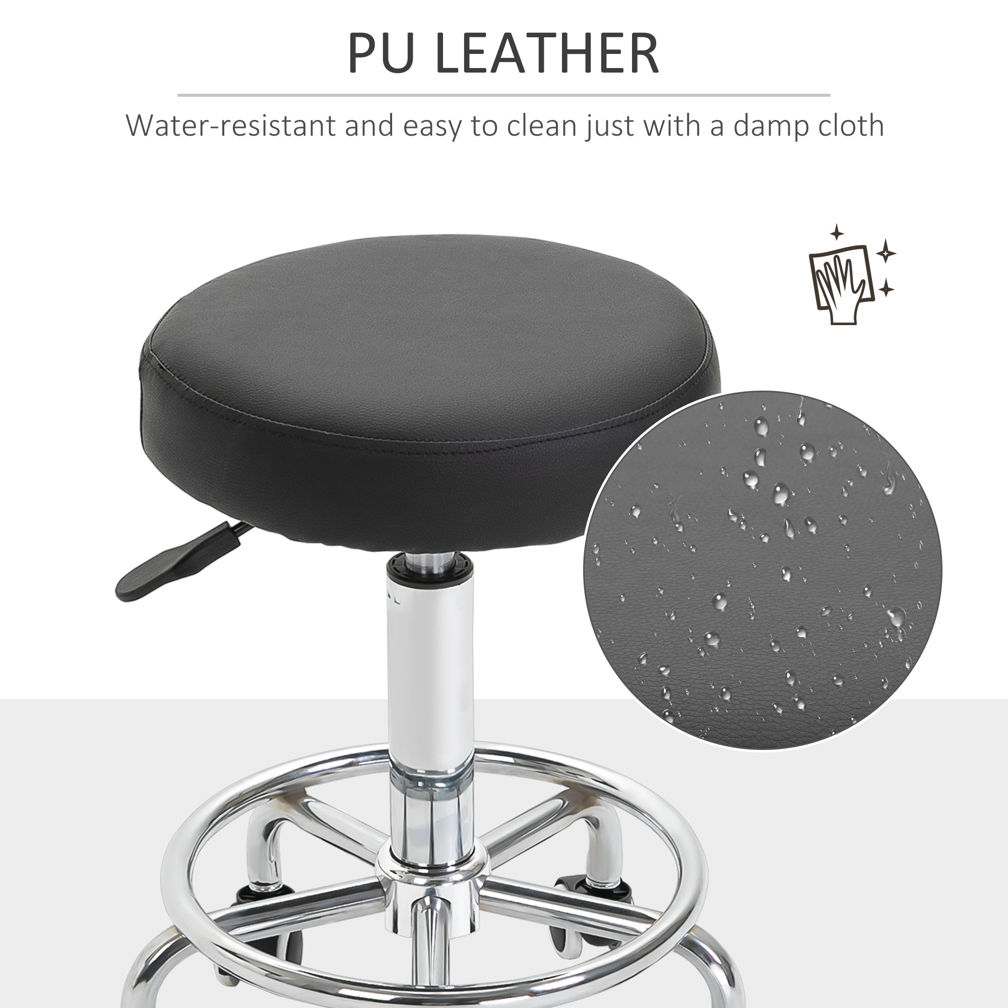 Kozy Round Rolling Stool, PU Leather Height Adjustable Stool Chair with Wheels and Swivel Seat for Salon, Massage, Spa, Home Kitchen, Black