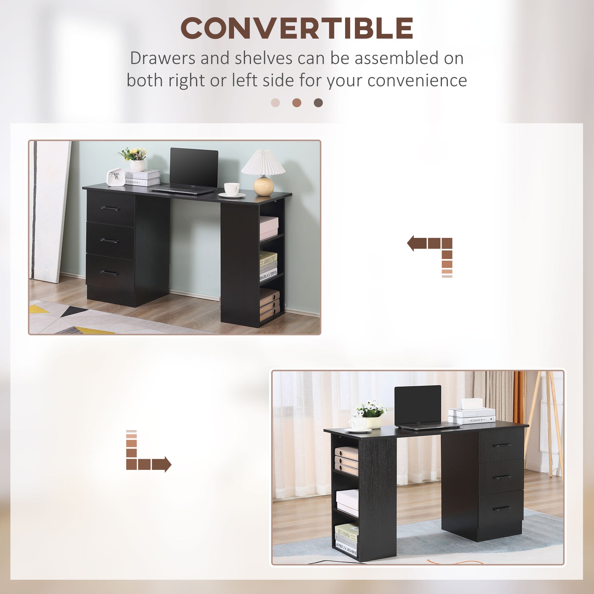 Kozy Computer Desk, Writing Table, PC Workstation with 3 Storage Shelves and Drawers, Black Handle, for Home Office, Black