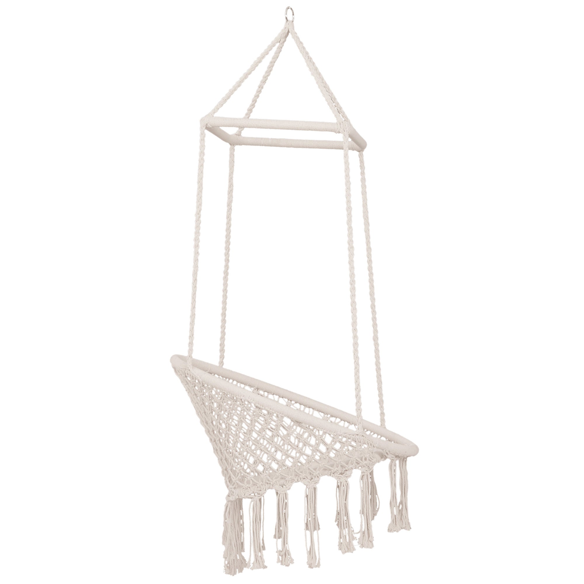 Outsunny Hammock Macrame Swing Chair Hanging Seat Rope Tassels Indoor Outdoor Garden Solid Knitted Woven Net Seat Deck Porch Yard Beige