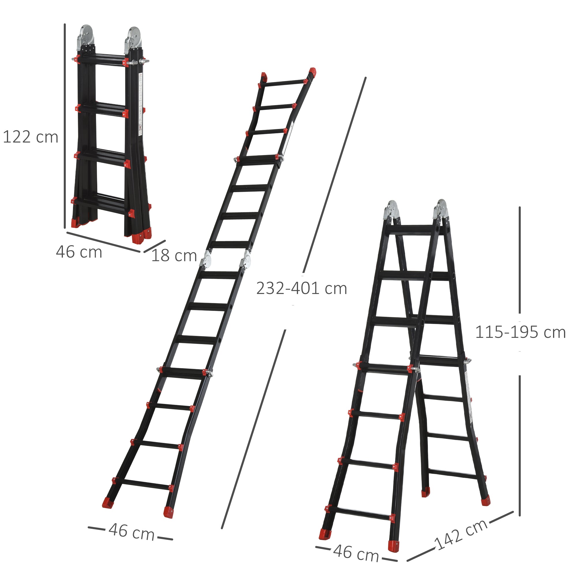 Kozy 4M Aluminium Duo Ladder Telescopic Herringbone Changeable Multi-Purpose w/ Non-Slip Steps Climbing DIY Platform Portable Workshop House Garden