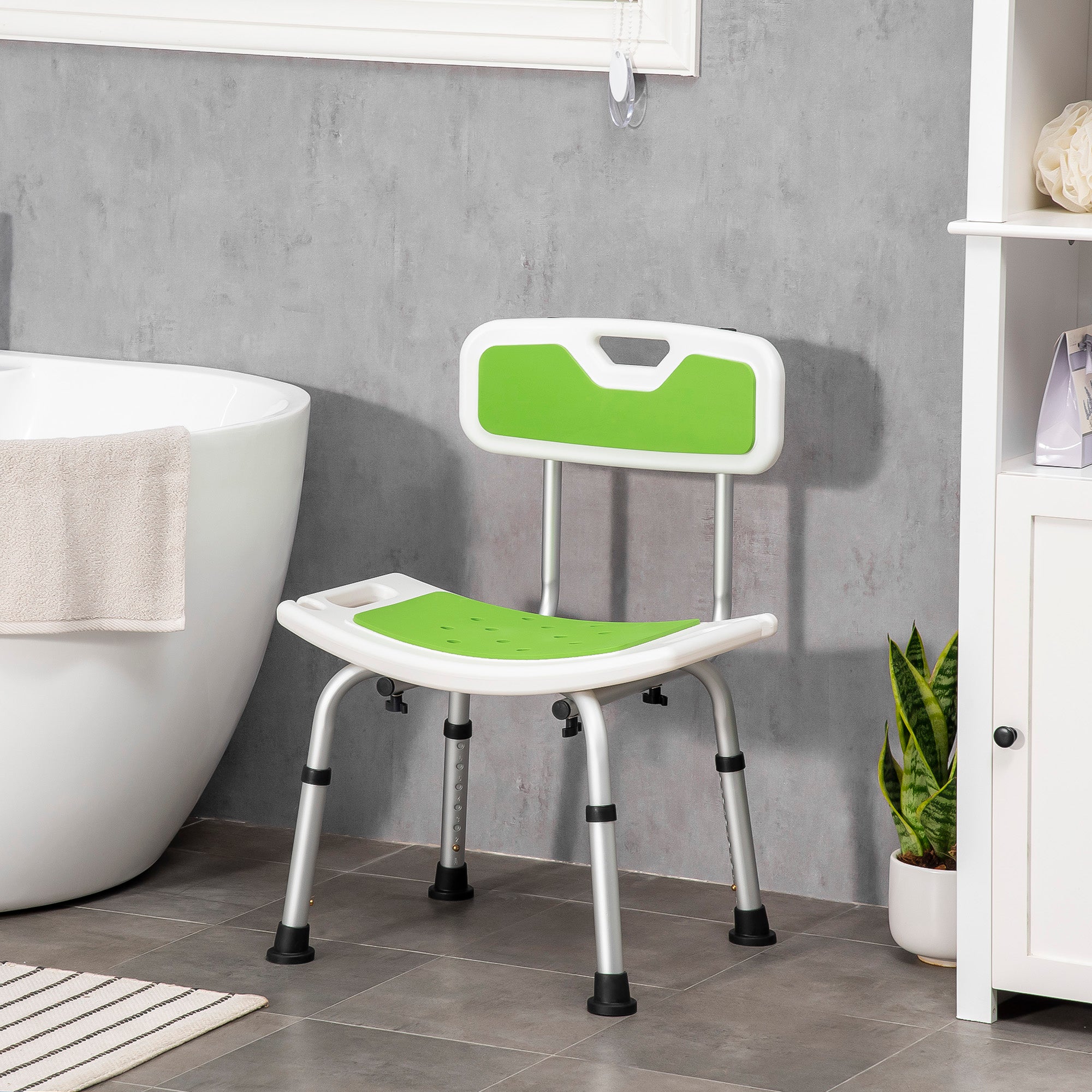 Kozy Shower Stool with Backrest, Height Adjustable Shower Chair with Anti-slip Foot Pads, Shower Head Holder, Green