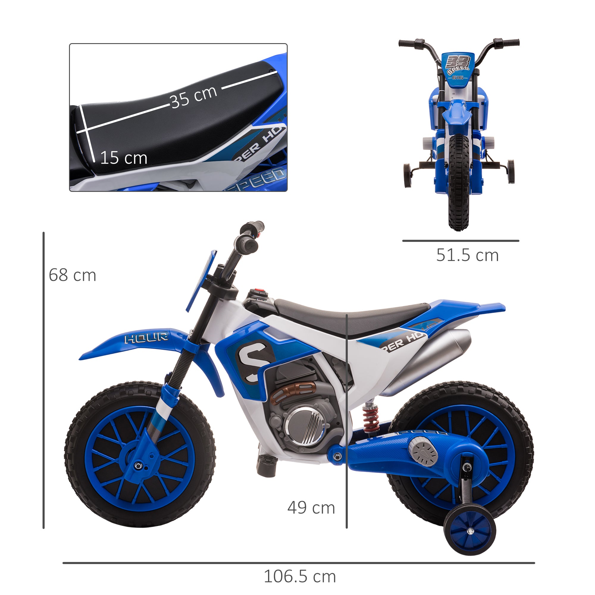 Kozy 12V Kids Electric Motorcycle Ride-On, with Training Wheels, for Ages 3-6 Years - Blue