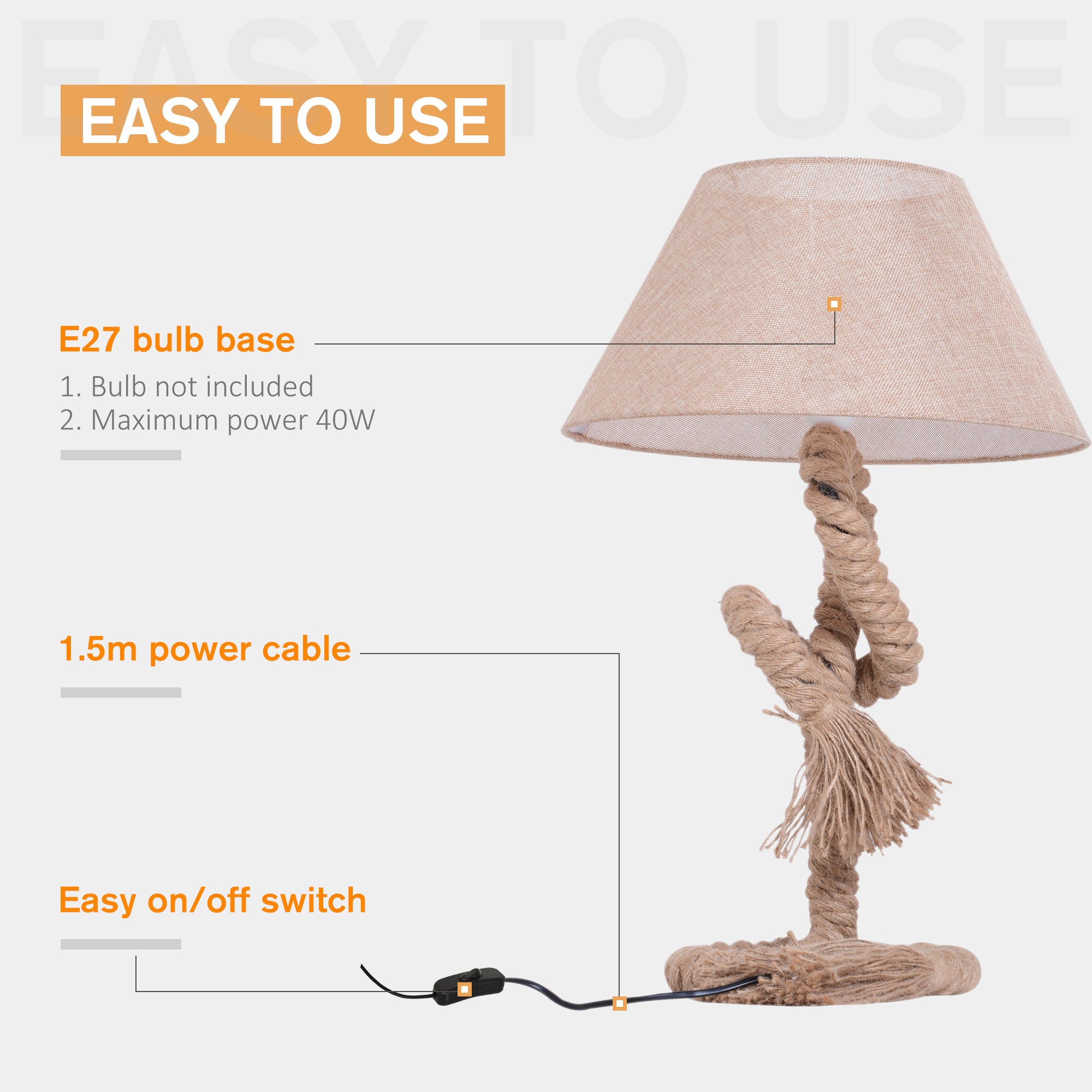 Kozy Table Lamp Bedside Light Indispensable Nautical Twisted Rope Glow E27 Bedroom Living Room Beige