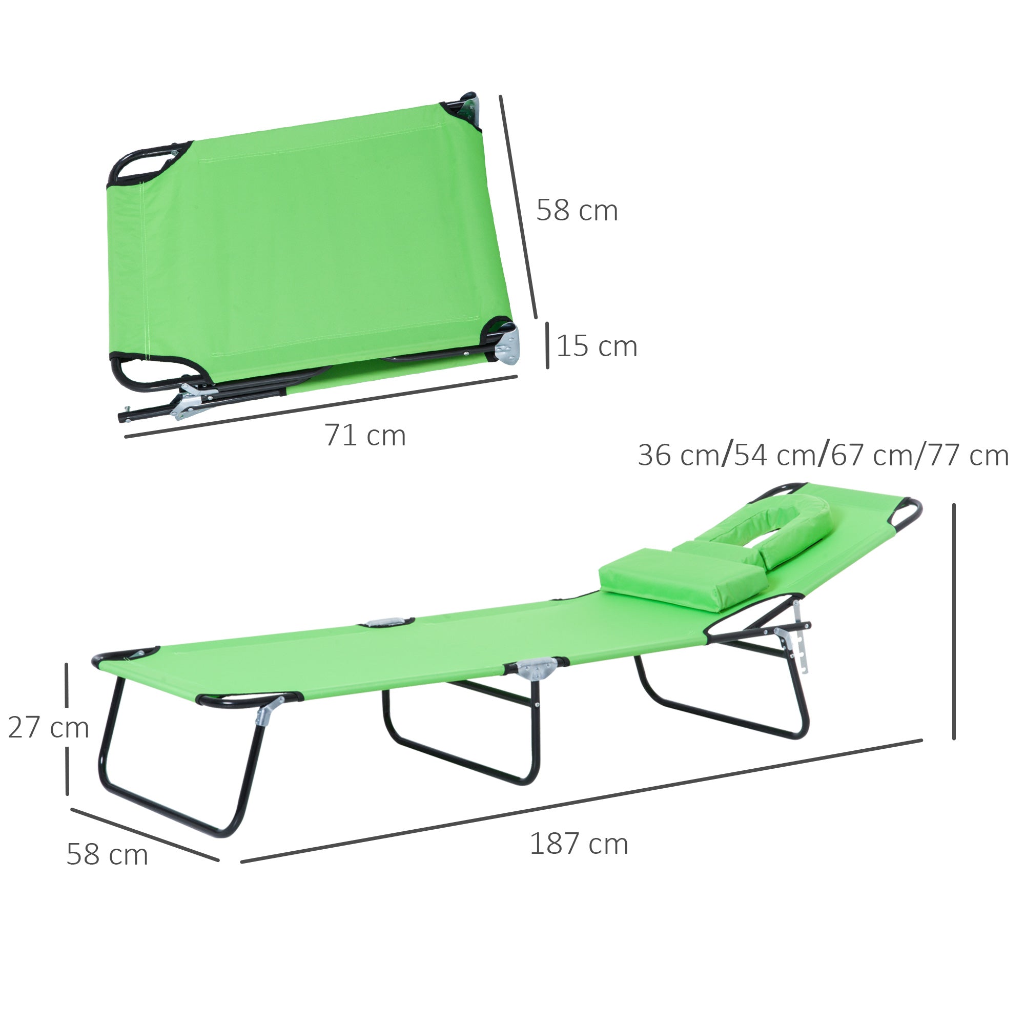 Outsunny Foldable Sun Lounger, Reclining Chair with Pillow and Reading Hole, Garden Beach Outdoor Recliner, Adjustable, Green