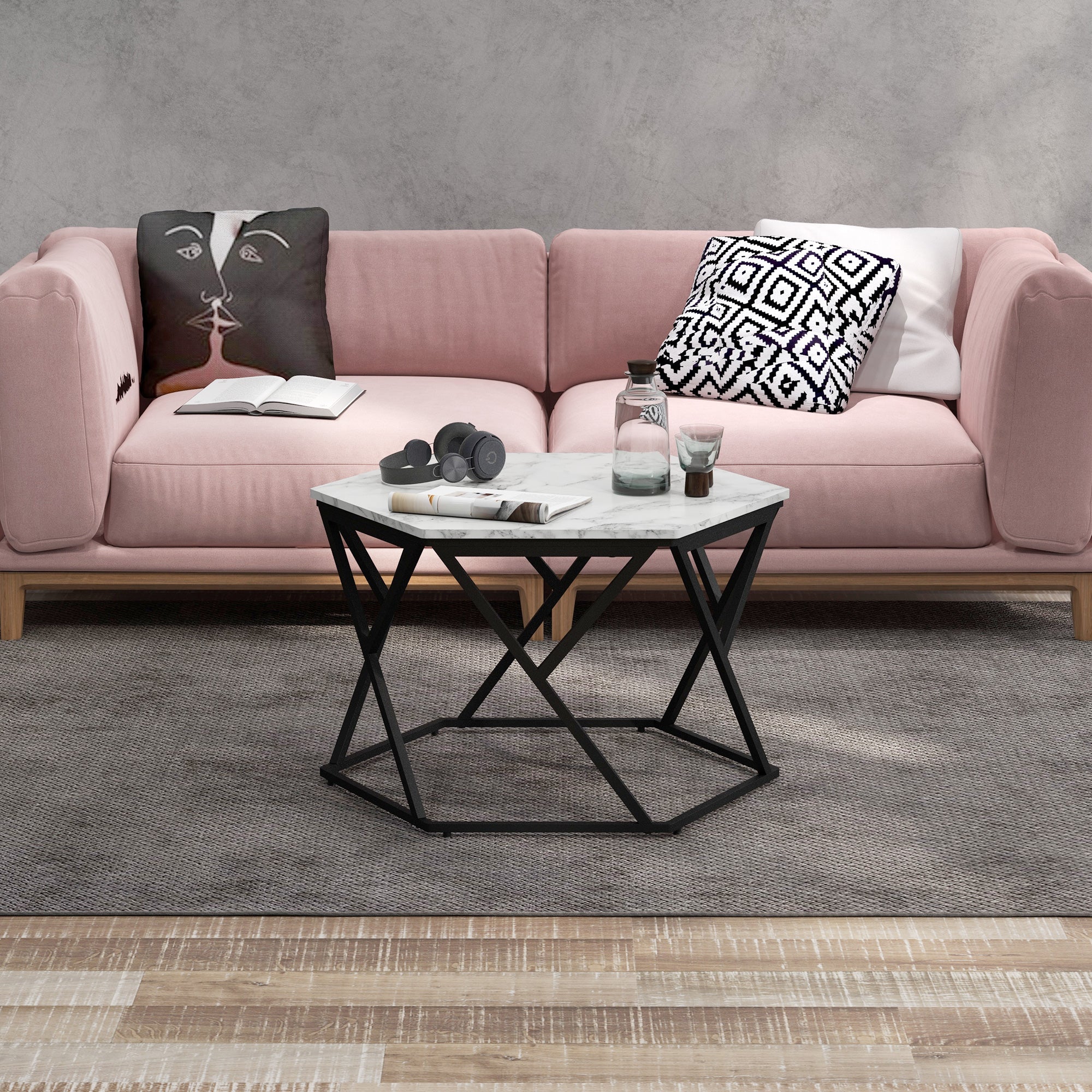 Kozy Hexagonal Coffee Table with High Gloss Marble Effect Table Top, Modern Cocktail Table with Steel Frame for Living Room, White