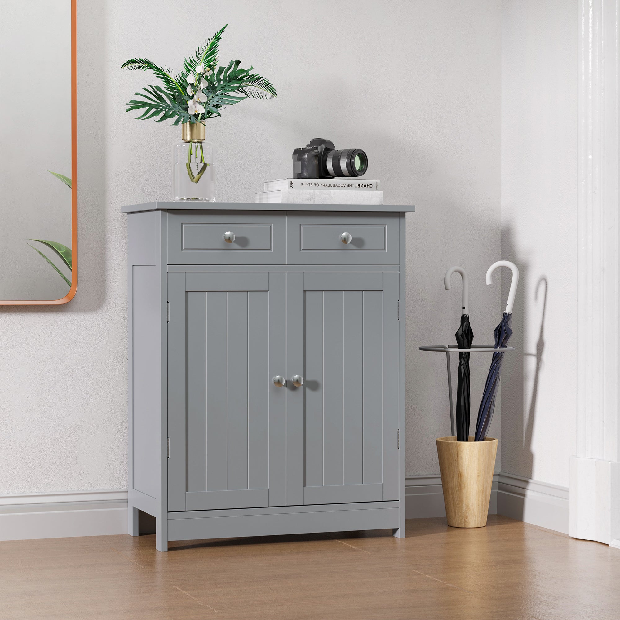Kozy 75x60cm Freestanding Bathroom Storage Cabinet Unit w/ 2 Drawers Cupboard Adjustable Shelf Metal Handles Traditional Style Grey