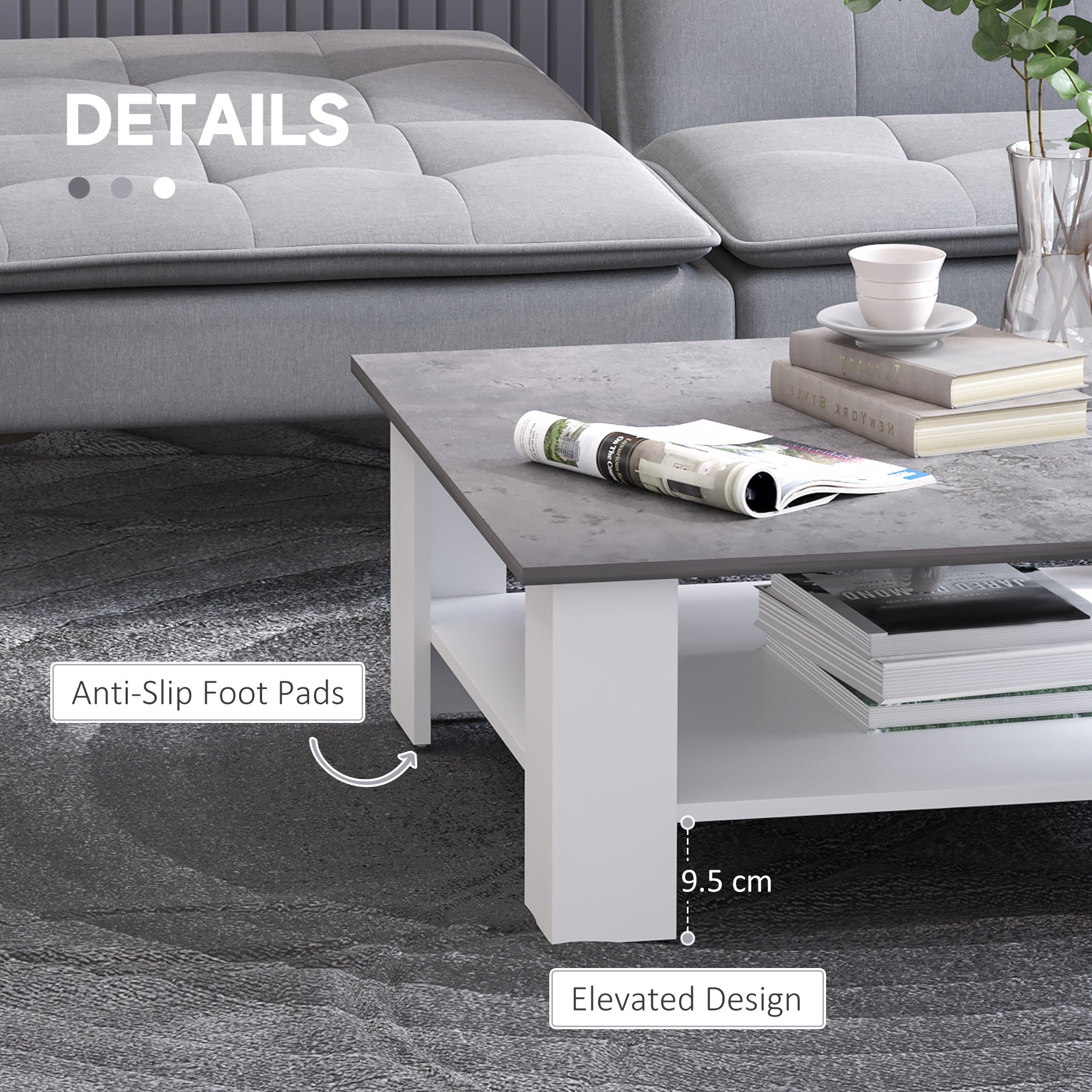 Kozy Square Coffee Table, Wooden Coffee Table with Storage, Cocktail Center Tea Table for Home Office, 80W x 80D x 31.5Hcm, Grey and White