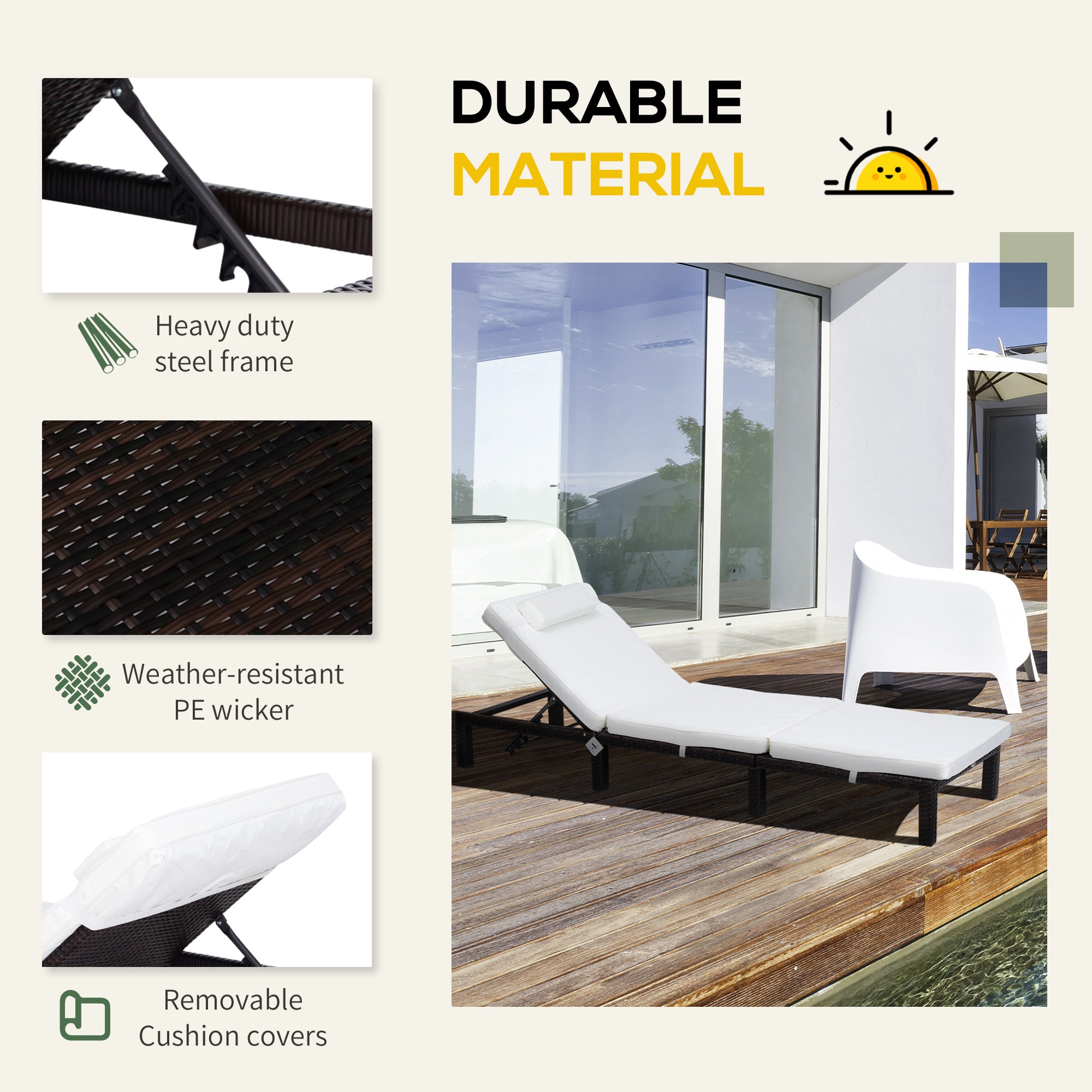 Kozy Rattan Sun Lounger, 5-Level Adjustable Garden Lounger Recliner with Cushion and Headrest, Outdoor Reclining Sunbed, Steel Frame Garden Chair for Patio, Beach, Terrace, Cream White