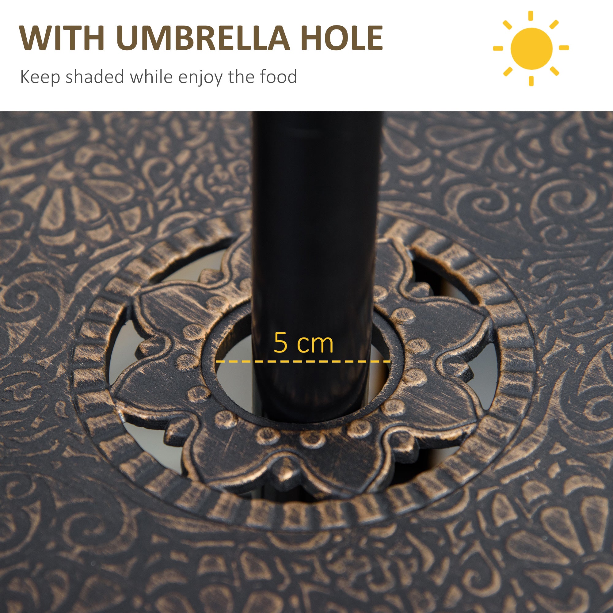 Kozy 4 Seater Outdoor Dining Set Antique Cast Aluminium Garden Furniture Set with Cushions Round Dining Table with Parasol Hole, Bronze