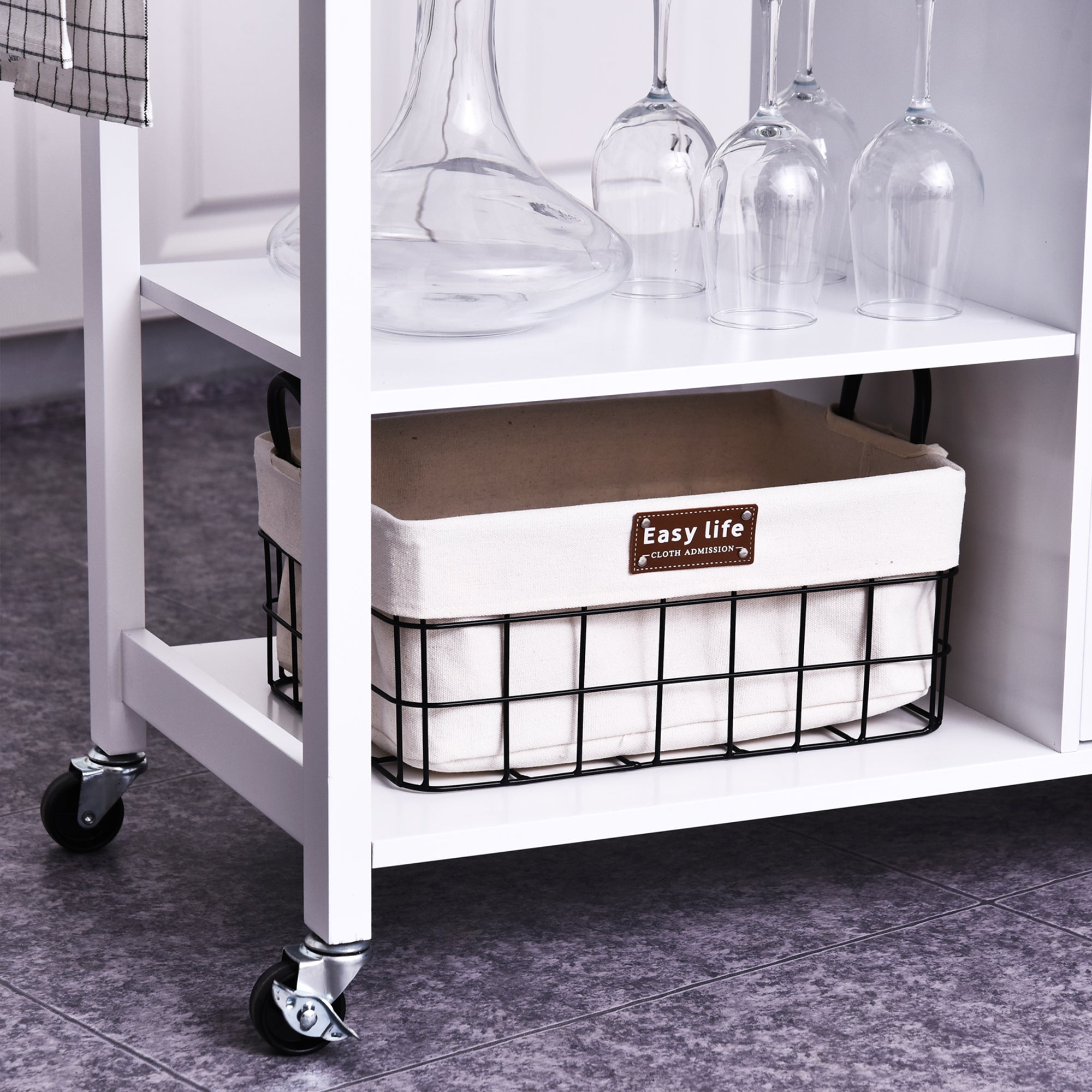 HOMCOM Kitchen Storage Trolley Cart Cupboard Rolling Wheels Shelves Cabinet Island W/ Drawers Towel Rail Wine Glass Rack Pine Wood Worktop  White