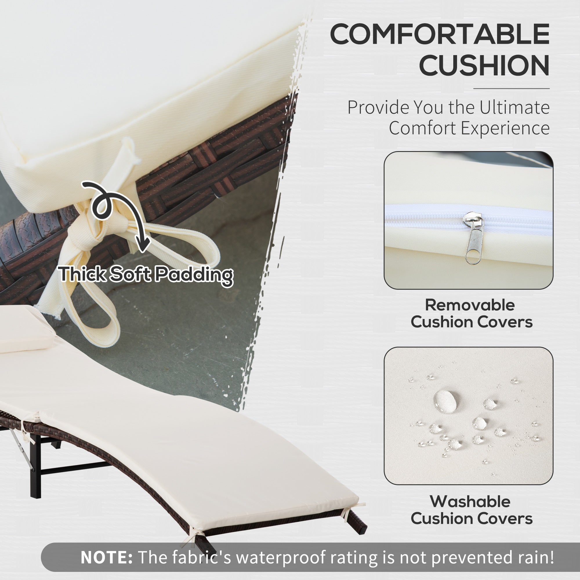 Kozy Rattan Folding Sun Lounger Outdoor Chair with Cushion and Pillow Cream White