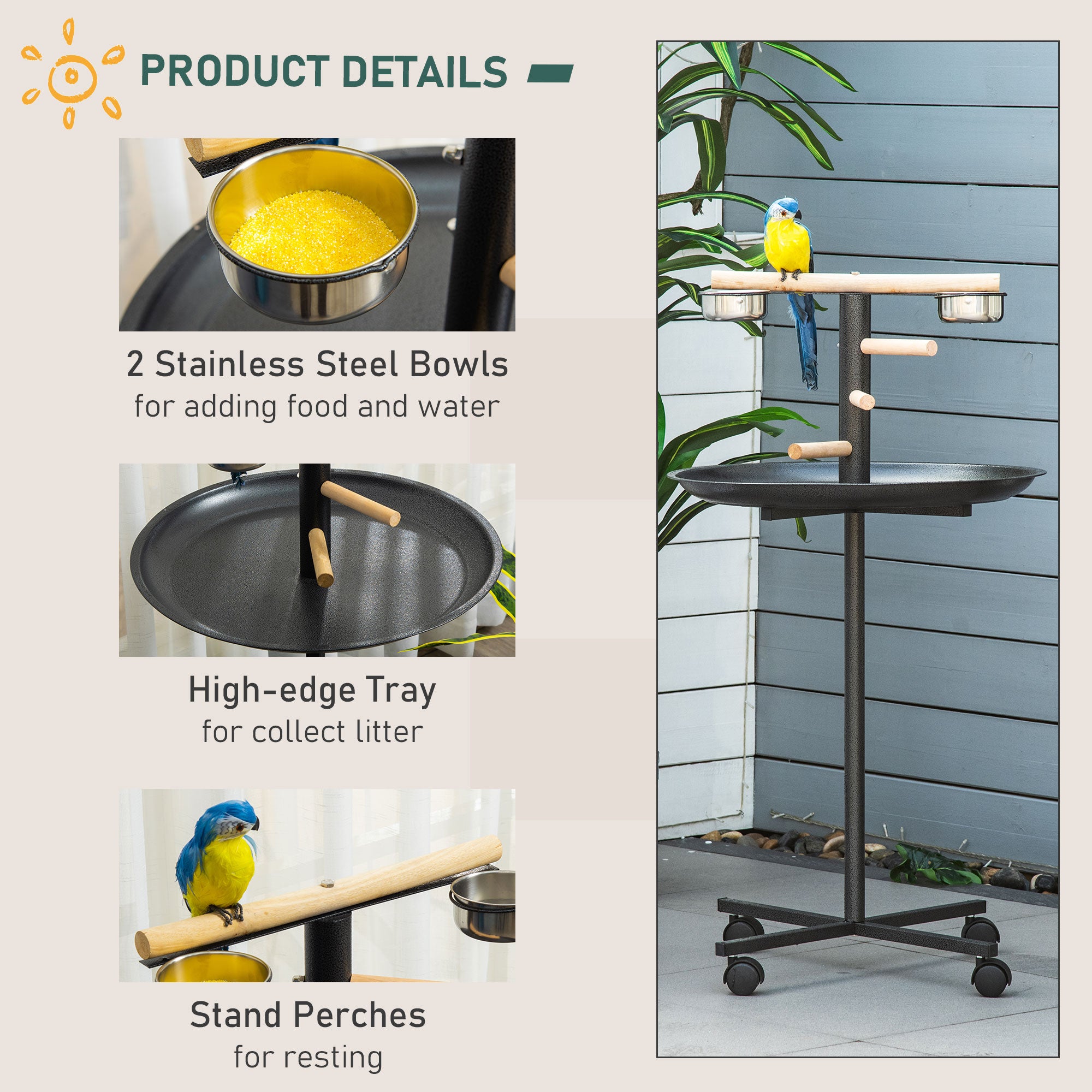 Kozy Parrot Perch Stand, Large Bird Play Stand, Metal Bird Table Feeder Station with Stainless Steel Bowls, Four Wheels, Round Tray, Black