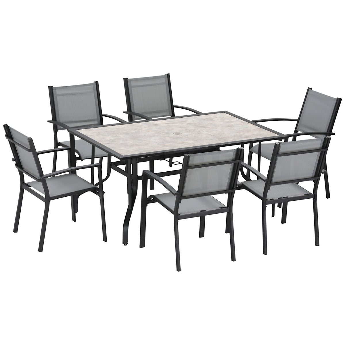 Kozy 7 Pieces Garden Dining Set, 6 Seater Garden Table and Chairs with Parasol Hole, Outdoor Furniture Armchairs and Stone-like Plastic Top Table with Breathable Mesh Fabric Seat, Grey