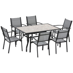 Kozy 7 Pieces Garden Dining Set, 6 Seater Garden Table and Chairs with Parasol Hole, Outdoor Furniture Armchairs and Stone-like Plastic Top Table with Breathable Mesh Fabric Seat, Grey