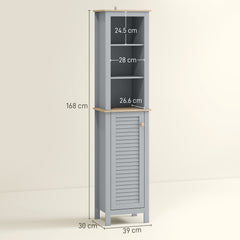 Kozy Bathroom Floor Storage Cabinet with 3 Tier Shelf and Cupboard with Door, Free Standing Linen Tower, Tall Slim Side Organizer Shelves, Grey