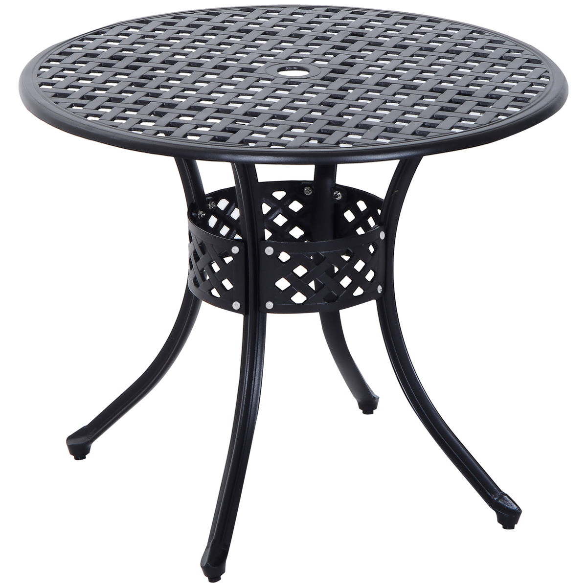 Kozy 85cm Round Garden Table with Umbrella Hole, Aluminium Grid Motif Outdoor Dining Table for Garden Patio, Black