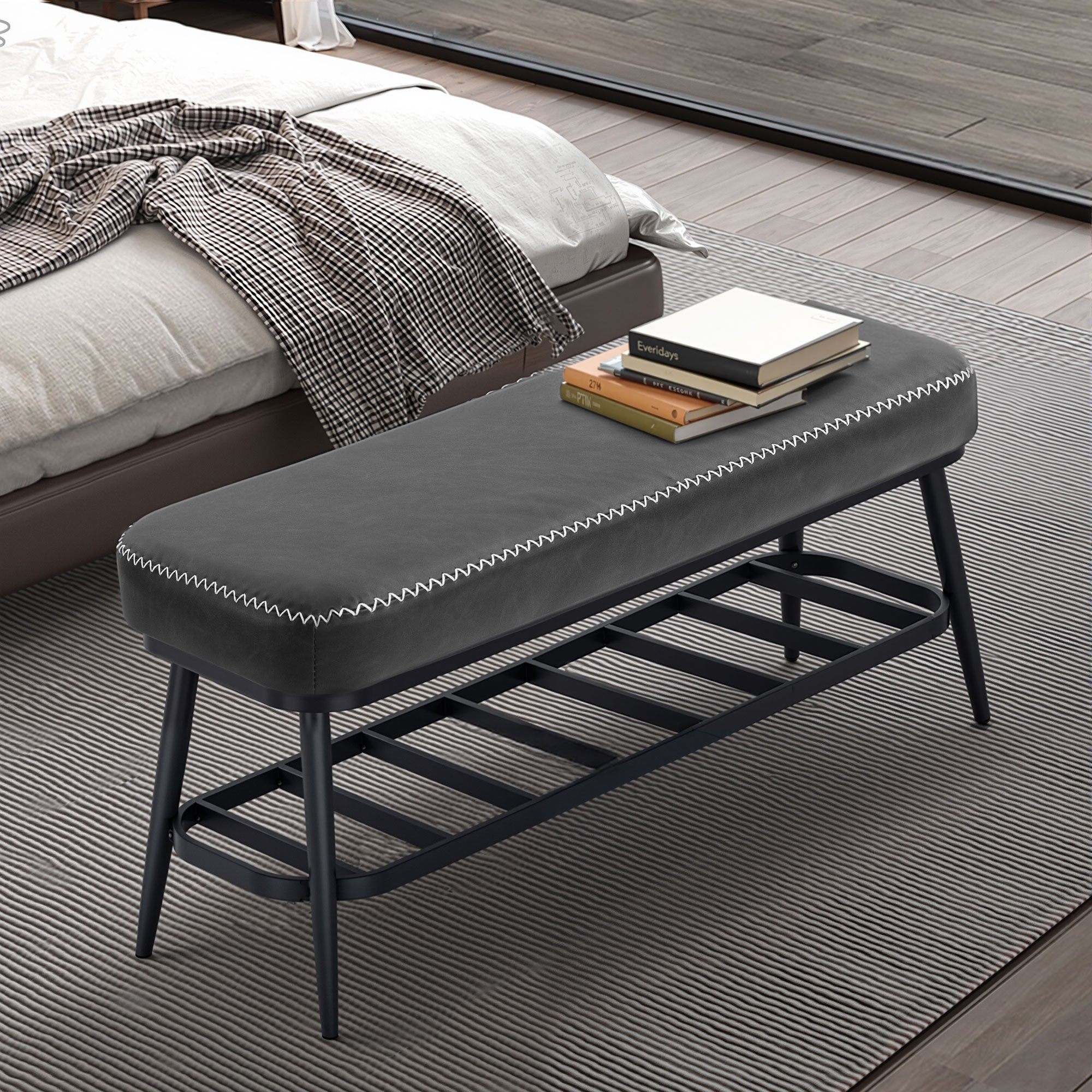 Kozy - PU Leather Shoe Storage Bench - Charcoal Grey