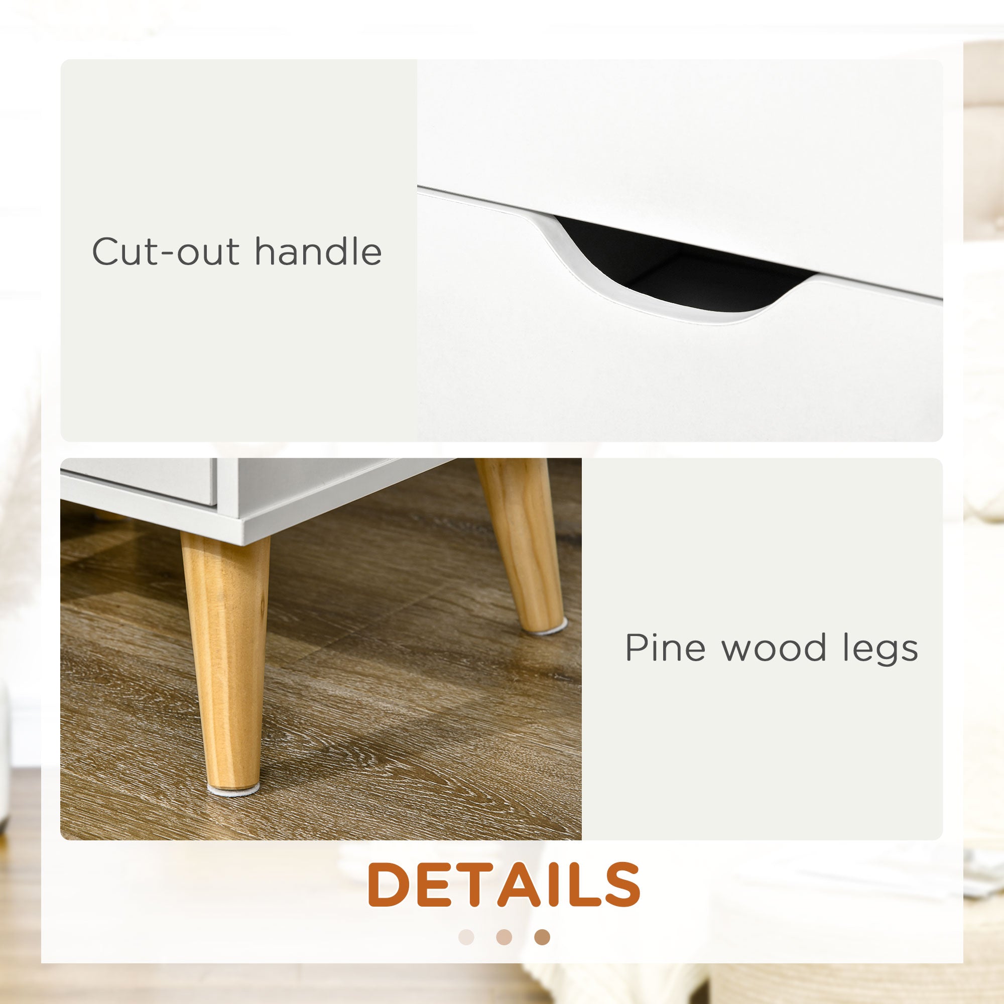 Kozy Bedside Table, Bedside Cabinet with 2 Drawers, Side End Table with Pine Wood Legs for Bedroom Living Room, White