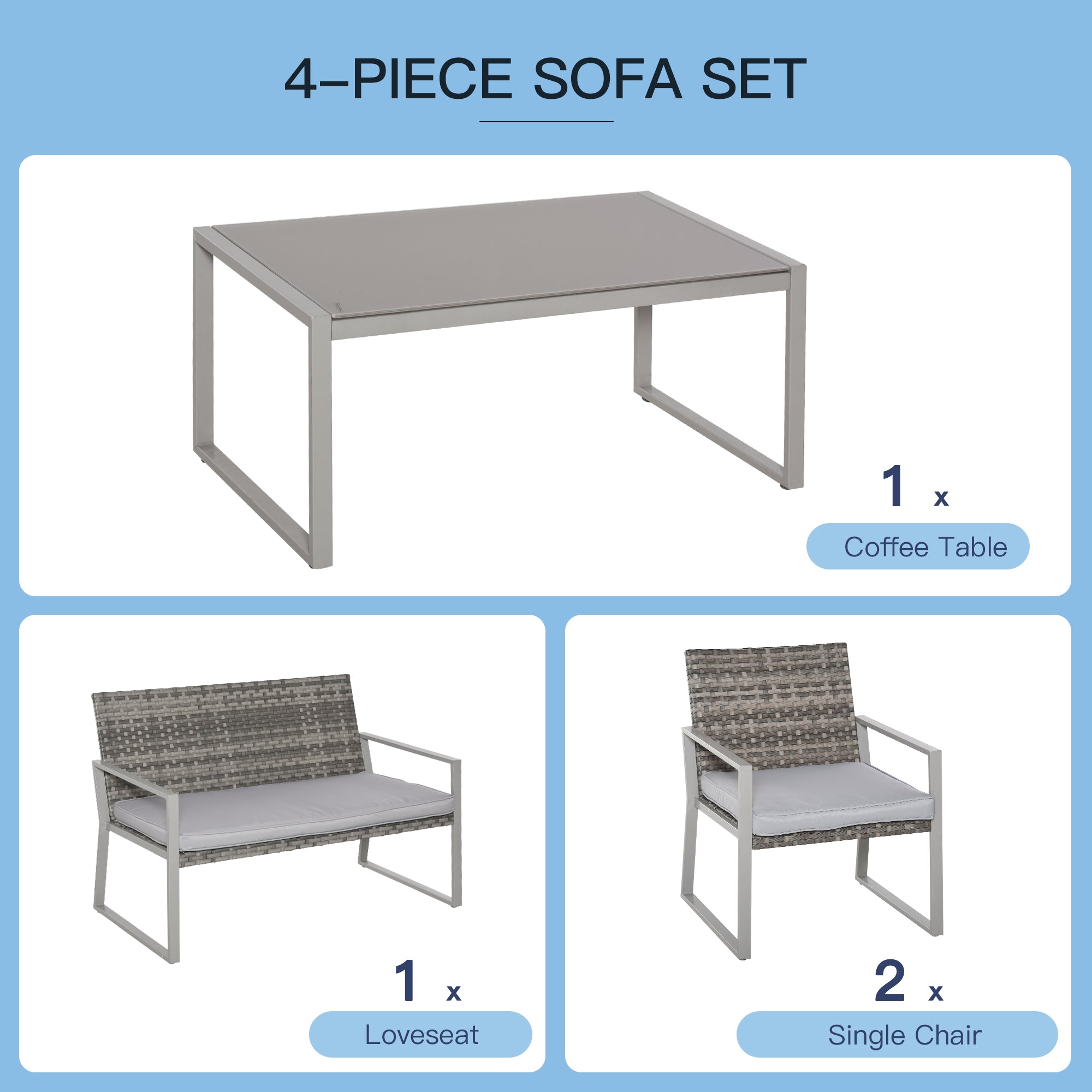 Kozy 4PC Rattan Garden Furniture Set 2 Single Sofa Arm Chairs 1 Bench with Cushions & Coffee Table Patio Backyard Wicker Weave