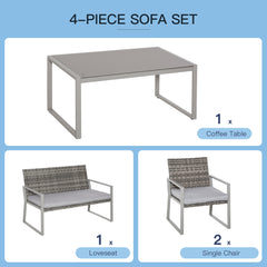 Kozy 4PC Rattan Garden Furniture Set 2 Single Sofa Arm Chairs 1 Bench with Cushions & Coffee Table Patio Backyard Wicker Weave