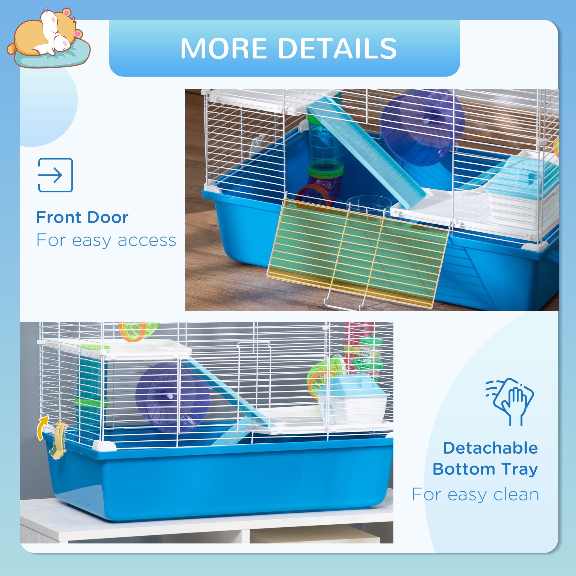PawHut Large Hamster Cage, 3-Level Small Rodents House, w/ Tube Tunnel, Exercise Wheel, Food Dish, Ramps, Hut, 59 x 36 x 47 cm, Blue | Aosom UK