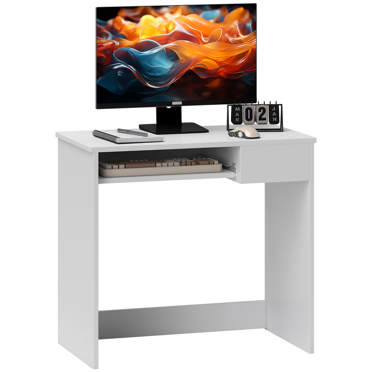 Kozy 80cm Compact Computer Desk with Keyboard Tray, Home Office Desk with Drawer for Bedroom Study, White