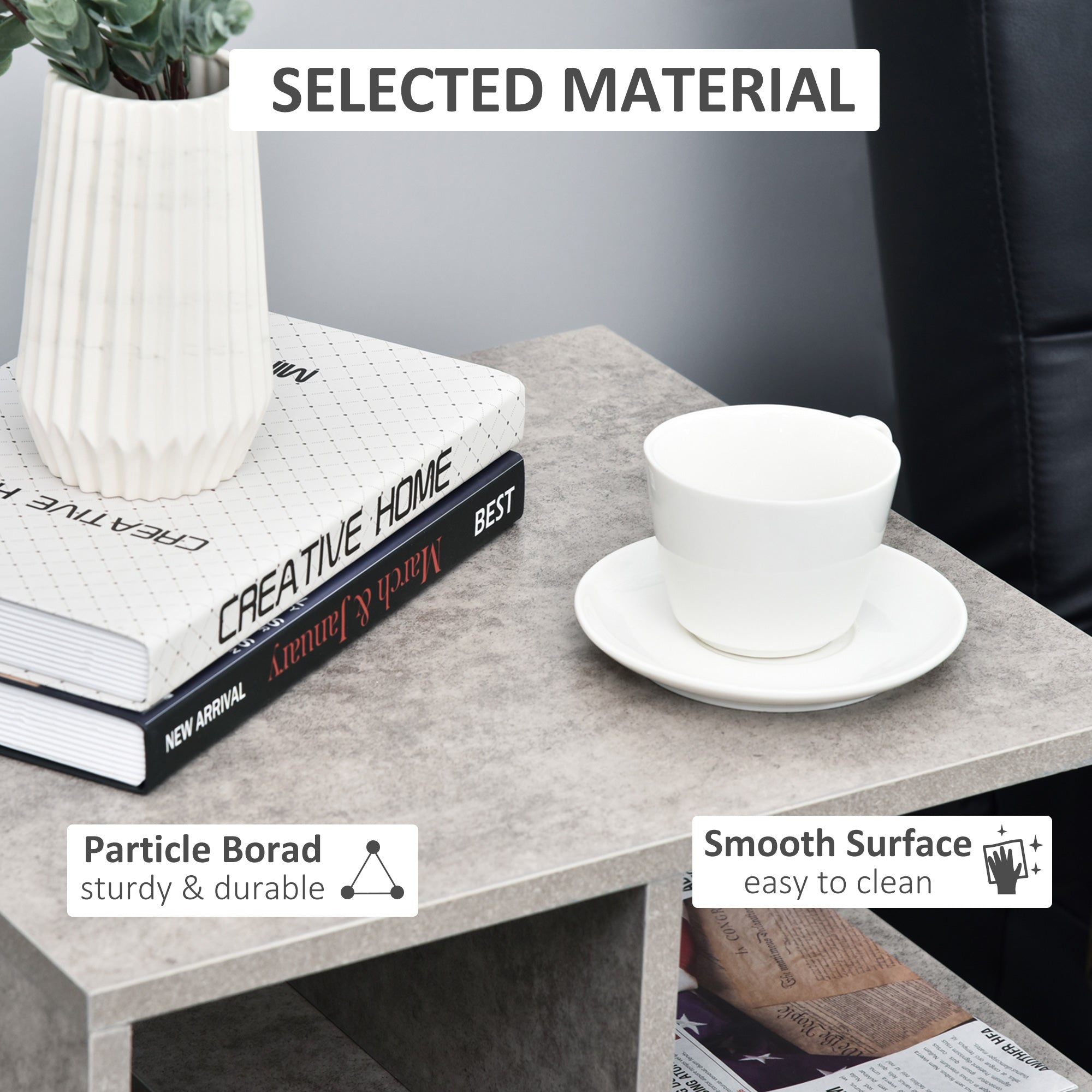 Kozy Side Table, 3 Tier End Table with Open Storage Shelves for Living Room, Bedroom, Cement Colour