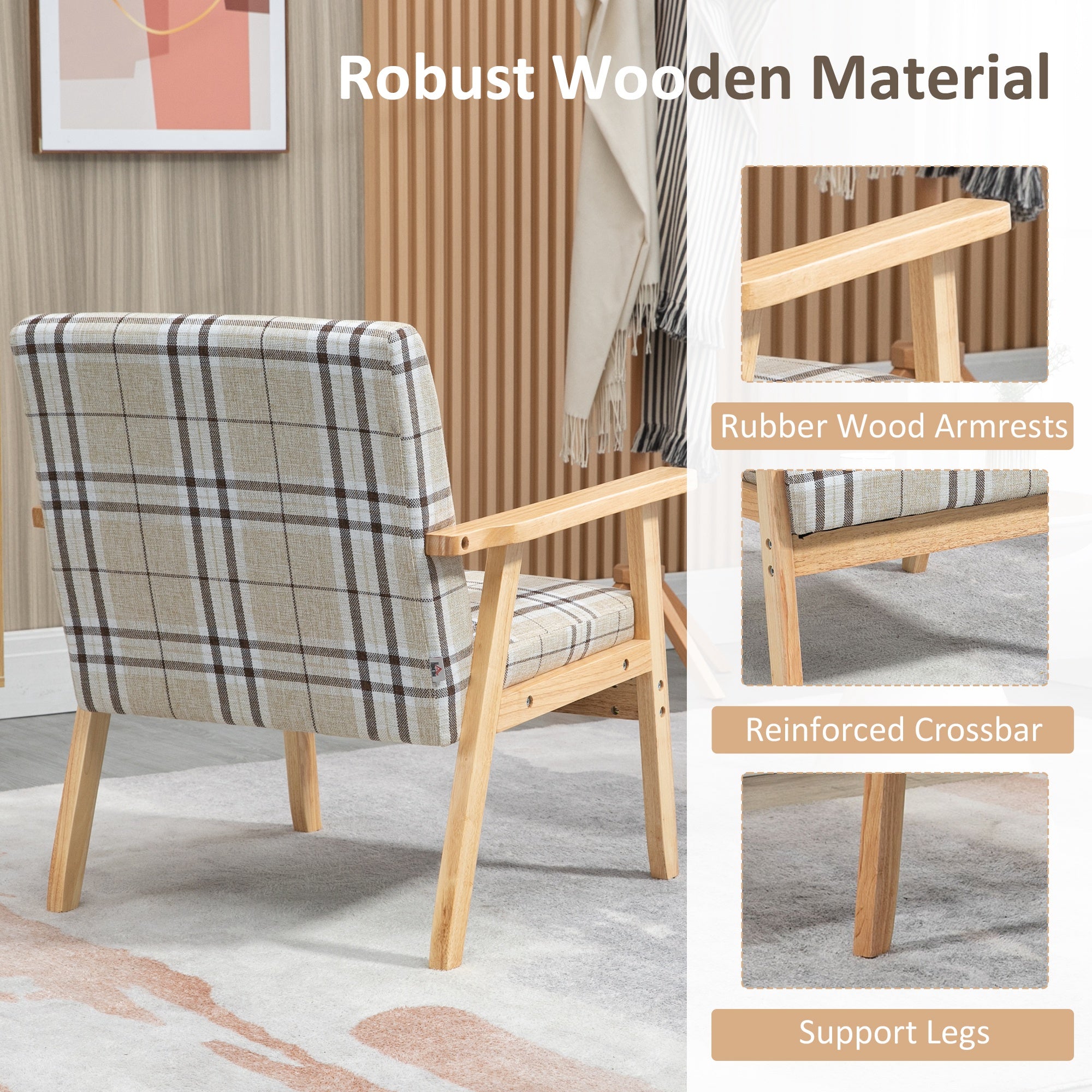 Kozy Modern One Seater Sofa for Living Room, Linen Fabric Small Couch with Rubber Wood Frame, Armrests, Lattice Pattern, Upholstered Armchair, Beige