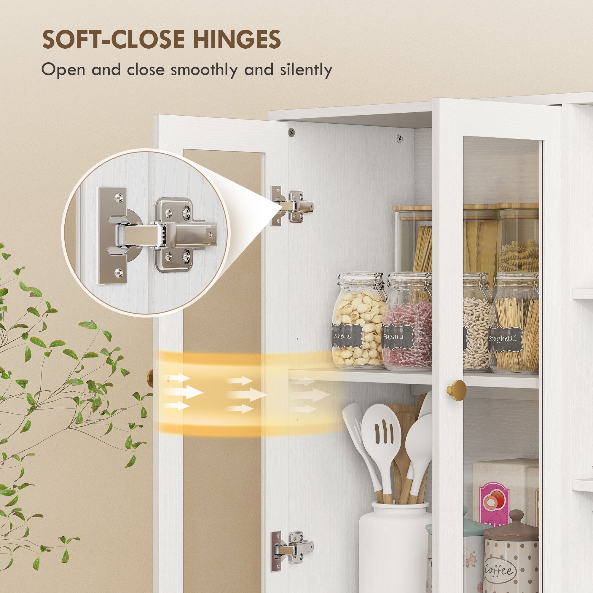 Kozy Multi-Storage Kitchen Cabinet, with Glass Doors - Grey Wood-Effect