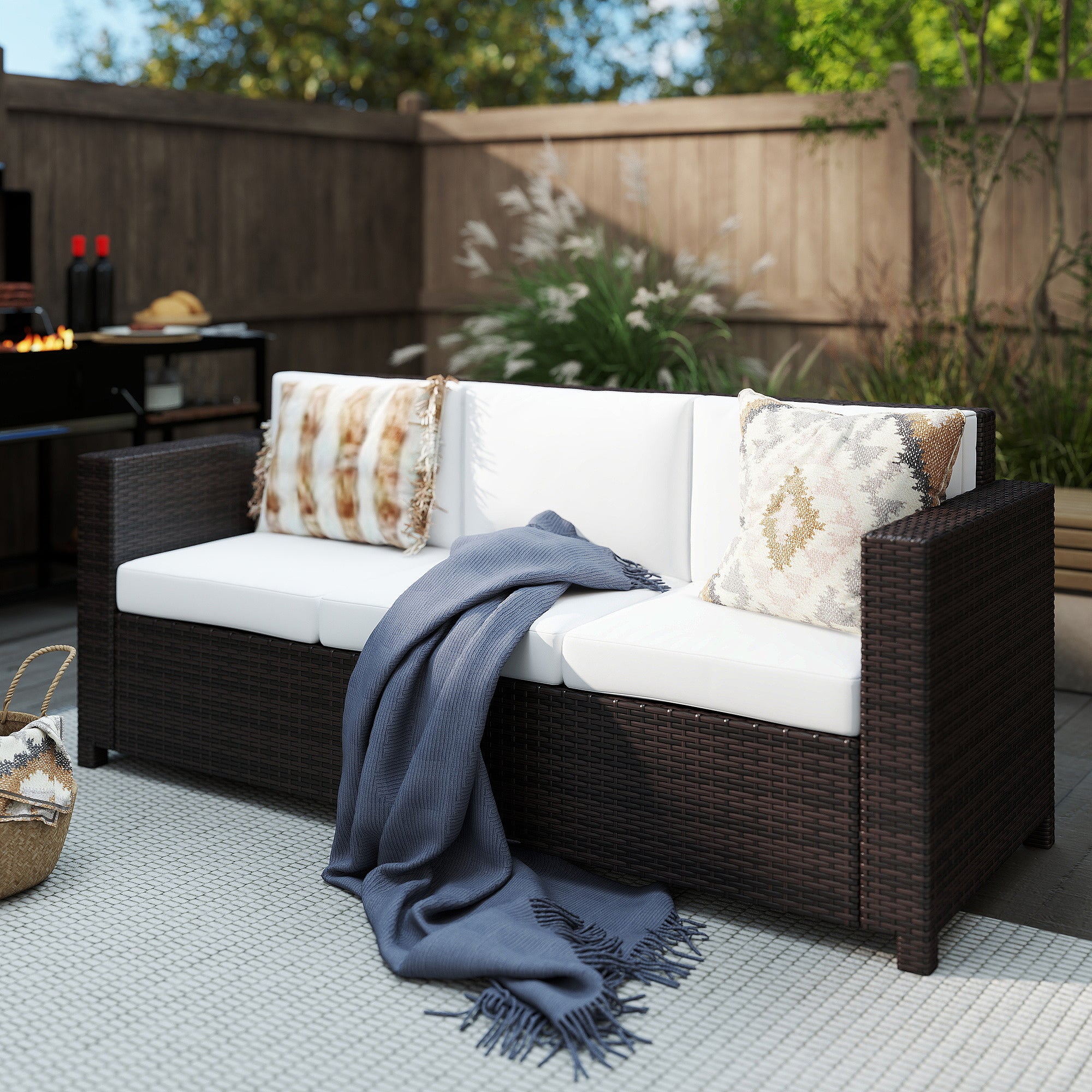 Kozy 3 Seater Rattan Sofa, All-Weather Wicker Weave Metal Frame Chair with Fire Resistant Cushion, Brown