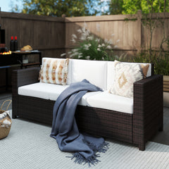 Kozy 3 Seater Rattan Sofa, All-Weather Wicker Weave Metal Frame Chair with Fire Resistant Cushion, Brown