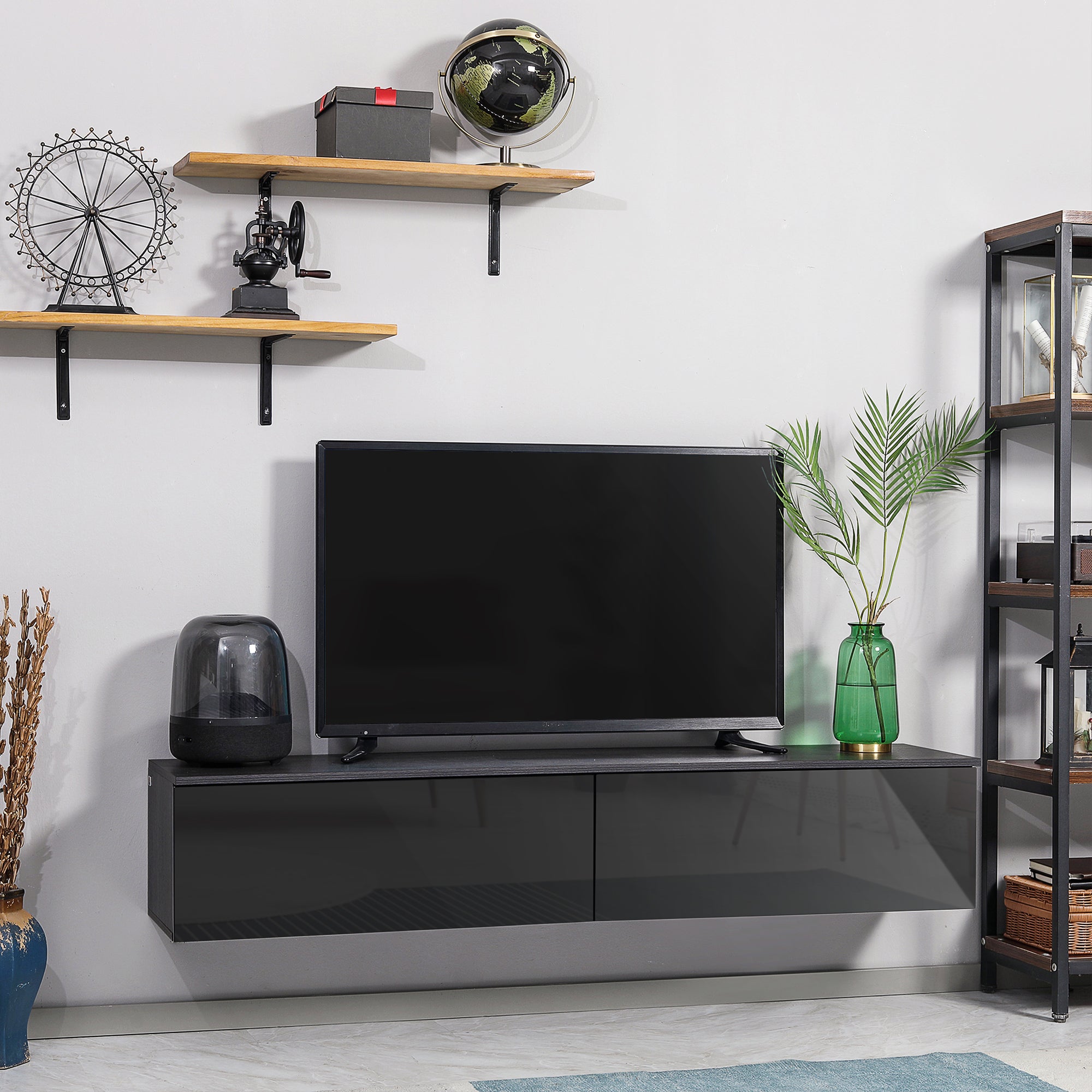 Kozy 160cm High Gloss Floating TV Unit Stand for TVs up to 70", Wall Mounted TV Cabinet with Storage Cupboards, Grey and Black