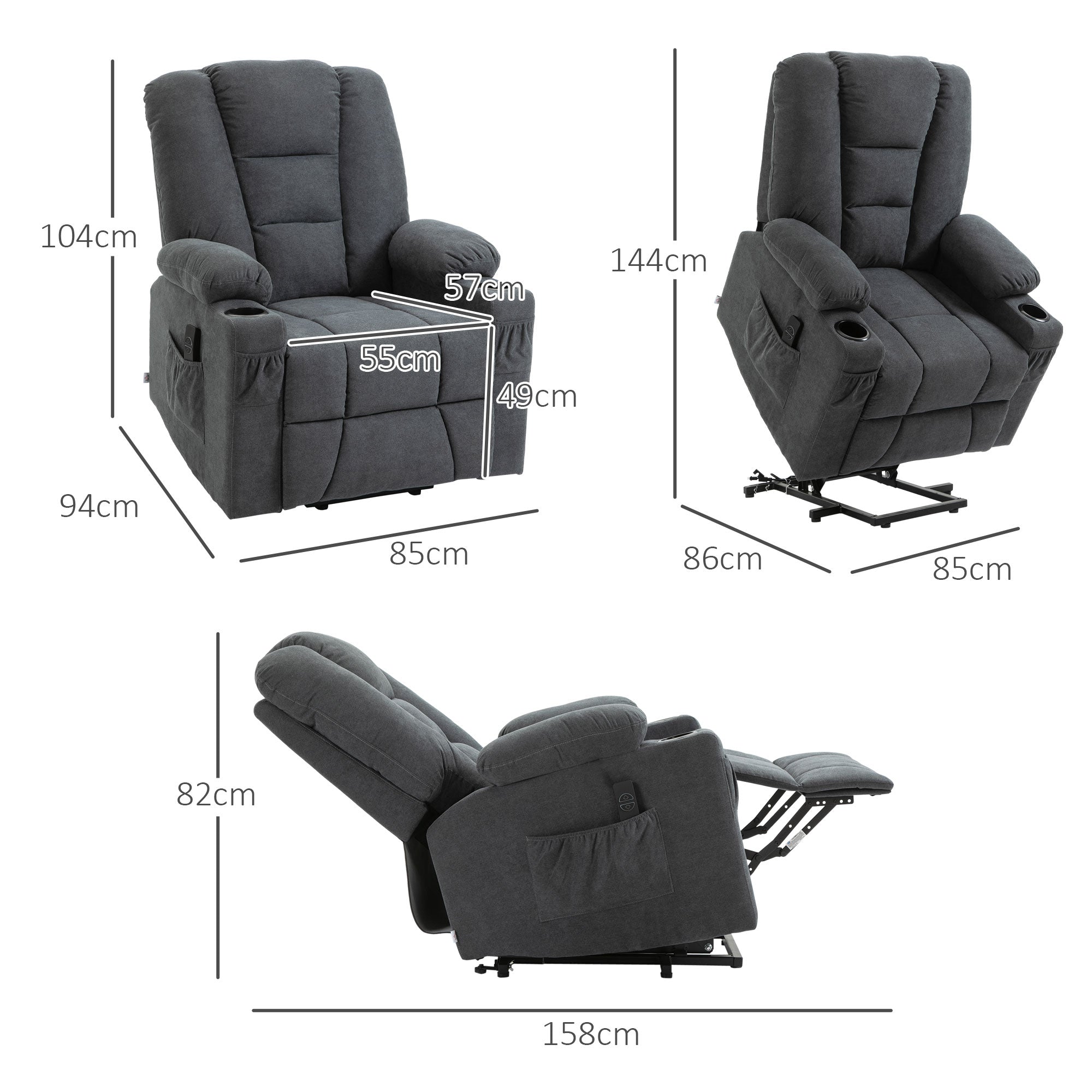 Kozy Electric Riser Recliner Armchair， Oversized Chair with Cup Holder & Side Pockets for Elderly in Living Room, Charcoal Grey