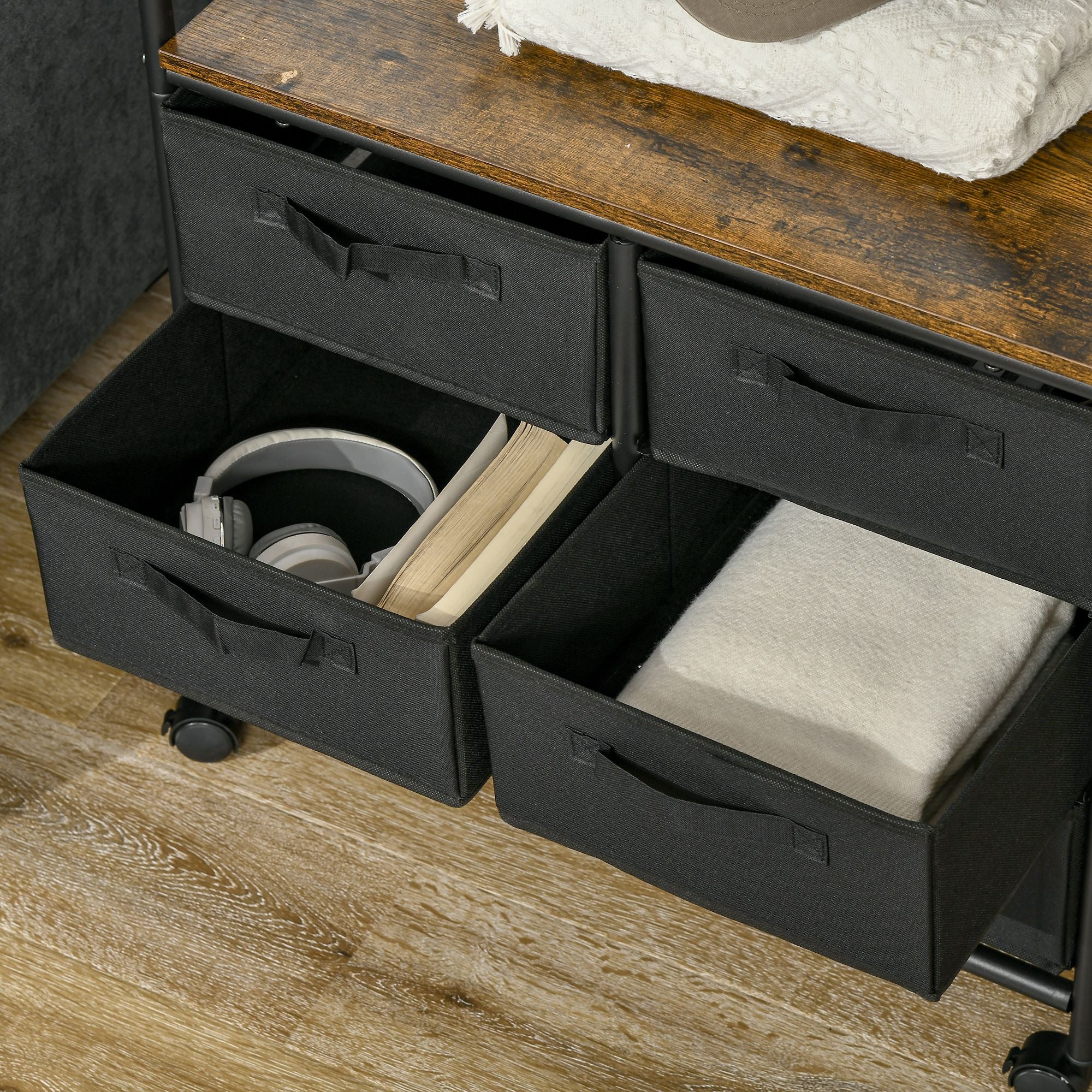 Kozy Industrial Hanging Clothes Rail, Clothes Rack with 6 Fabric Drawers, Open Wardrobe Organiser for Hallway, Bedroom and Closet, Rustic Brown