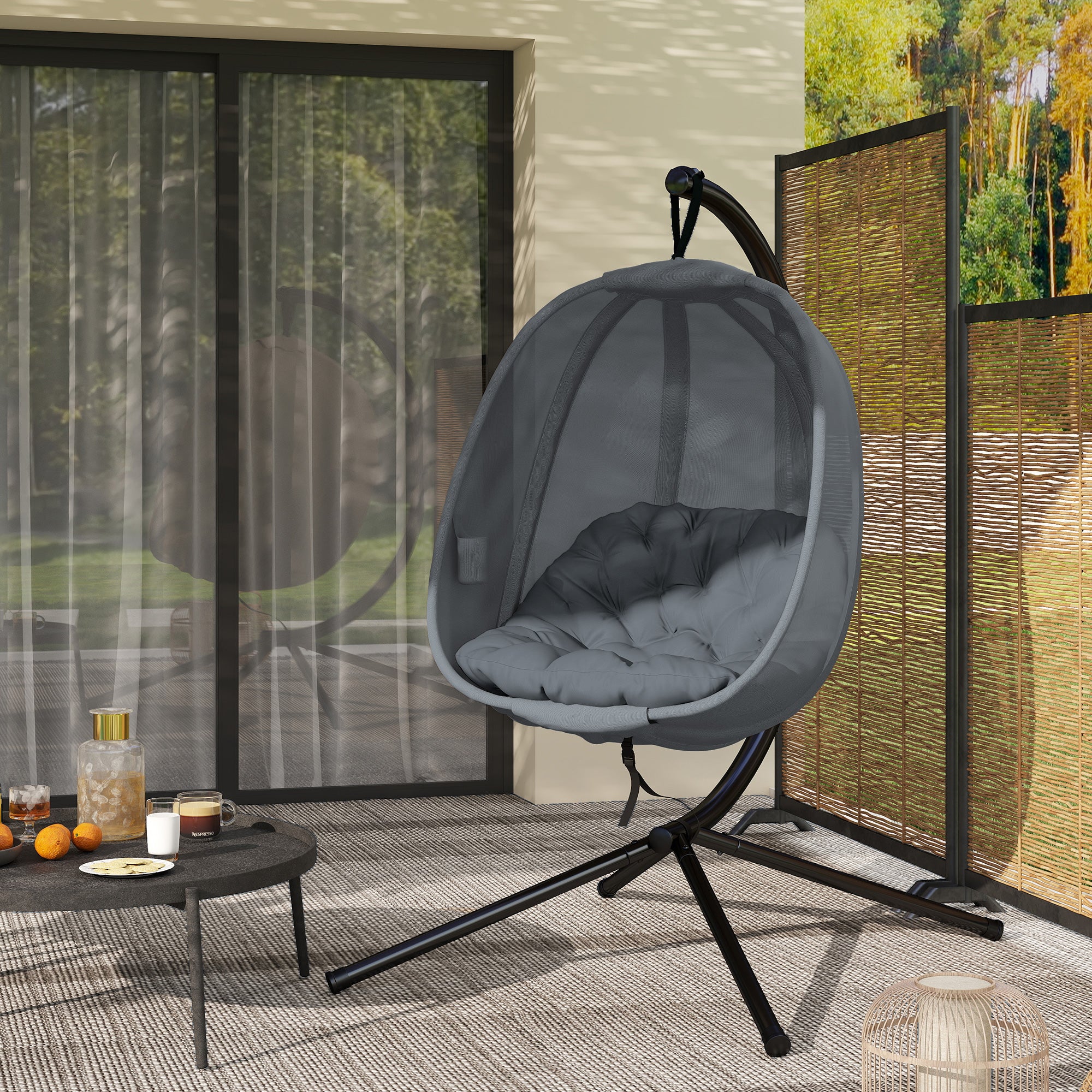 Kozy Hanging Egg Chair, Folding Texteline Swing Hammock with Side Pocket, Cushion and Stand for Indoor Outdoor, Patio Garden Furniture, Grey