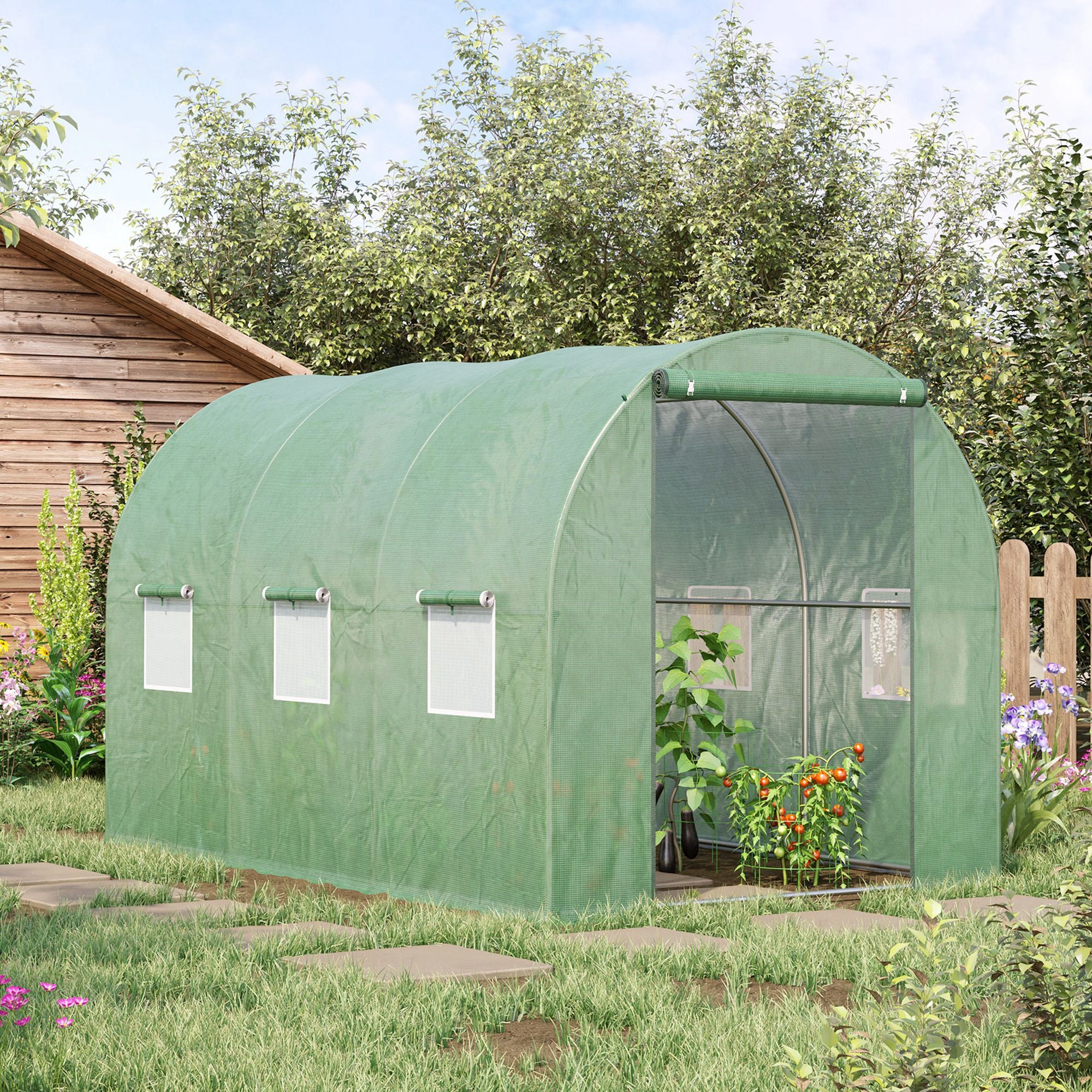 Kozy Walk-in Polytunnel Greenhouse, Outdoor Garden Tunnel Greenhouse Tent with Zipped Roll-Up Door and 6 Mesh Windows, 3 x 2M